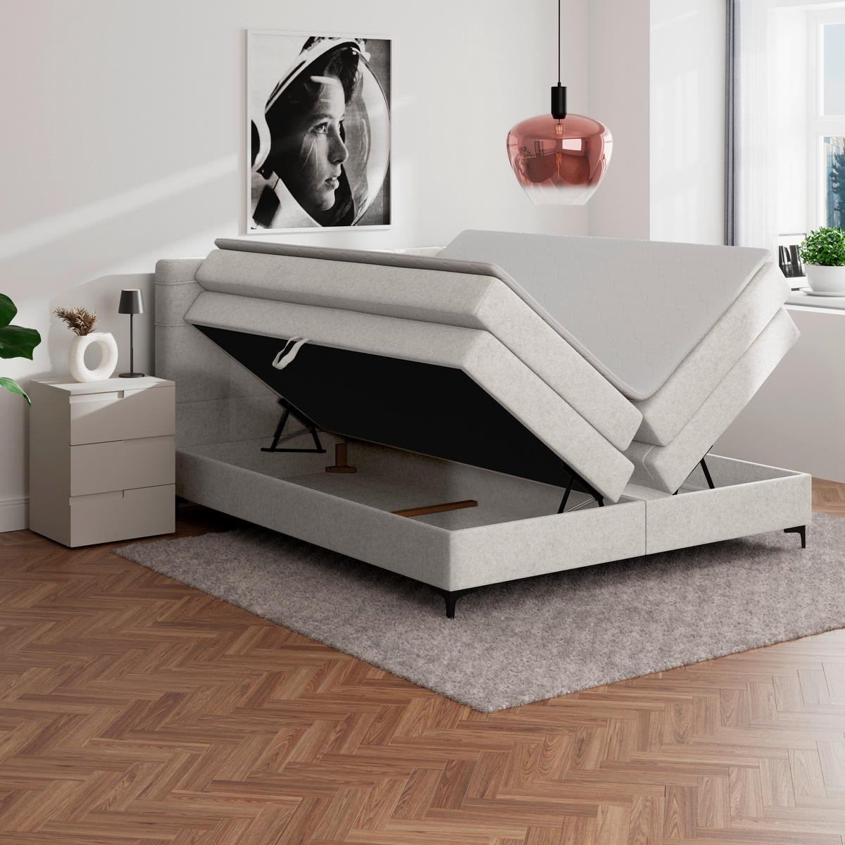 BOXSPRINGBETT 200/200 cm,  in Beige, H3 = fest  - Beige/Schwarz, KONVENTIONELL, Kunststoff/Textil (200/200cm)