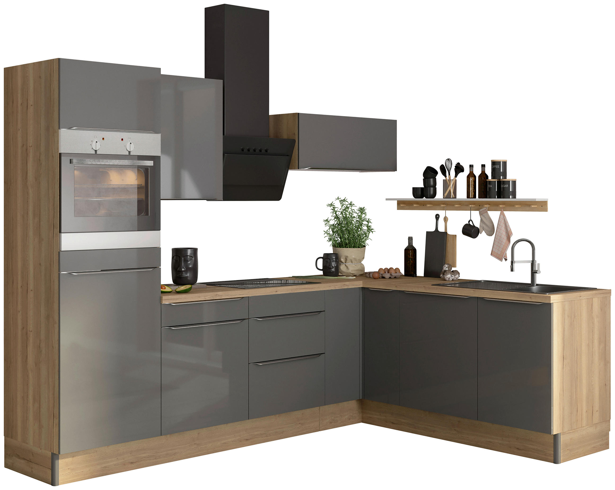 ECKKÜCHE 270/200 cm  in Anthrazit, Eichefarben  - Edelstahlfarben/Eichefarben, Basics, Holzwerkstoff/Metall (270/200cm) - Optifit