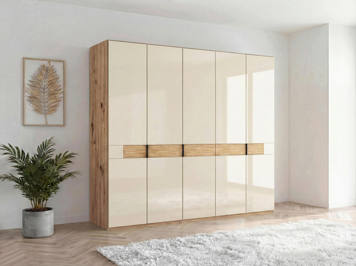 DREHTÜRENSCHRANK 250/216/58 cm,  in Champagner, Eiche Bianco, 5 Tür(en)  - Schieferfarben/Eiche Bianco, Design, Glas/Holz (250/216/58cm) - Musterring
