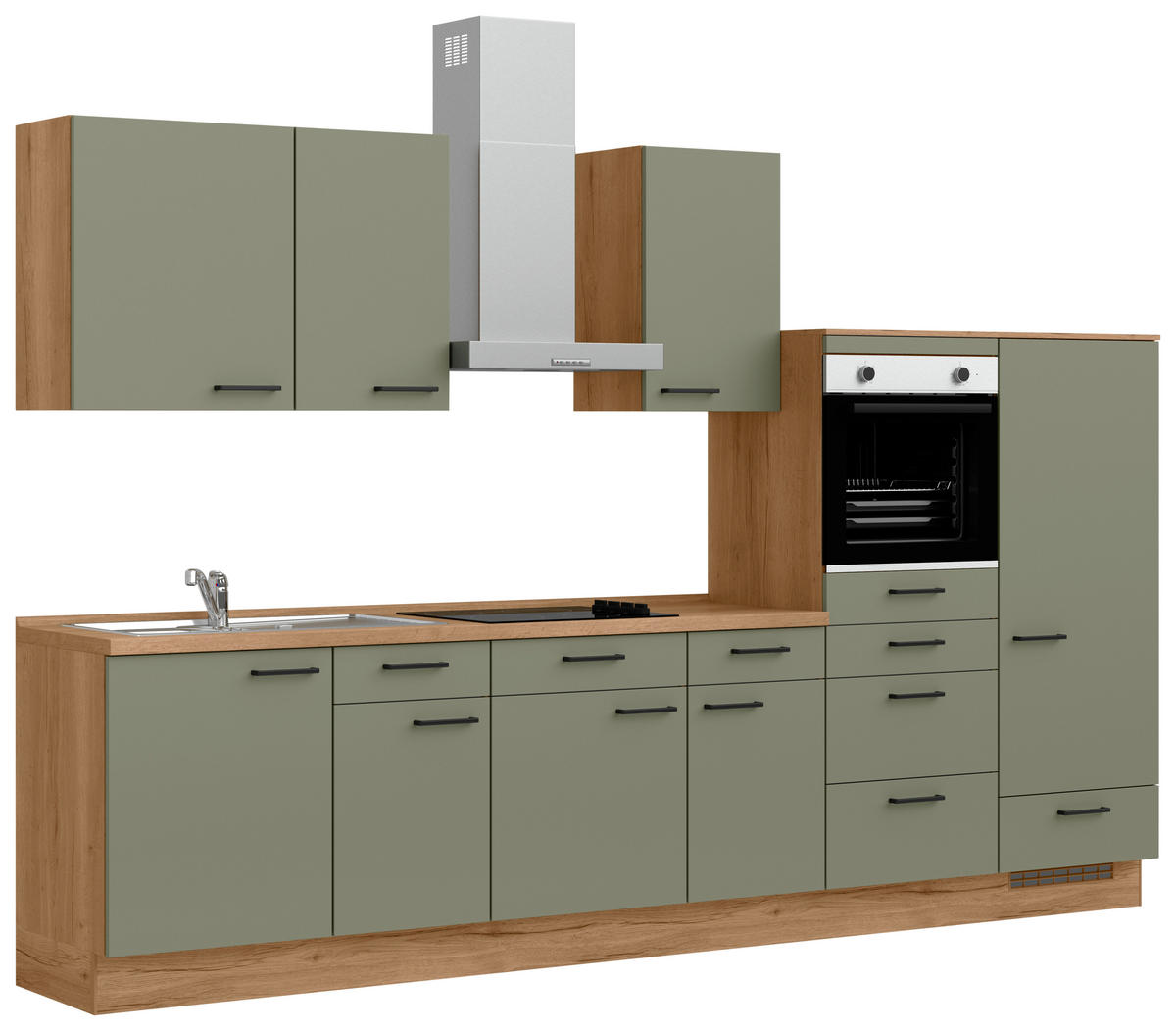 KÜCHENBLOCK Senso 330 cm  in Eichefarben, Olivgrün  - Eichefarben/Schwarz, MODERN, Holzwerkstoff/Metall (330cm) - Nobilia