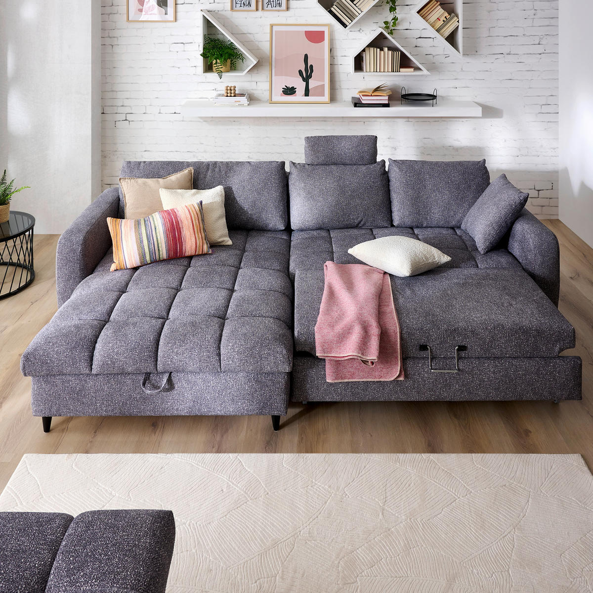 ECKSOFA in Velours Grau  - Schwarz/Grau, MODERN, Holz/Textil (282/184cm) - Lomoco