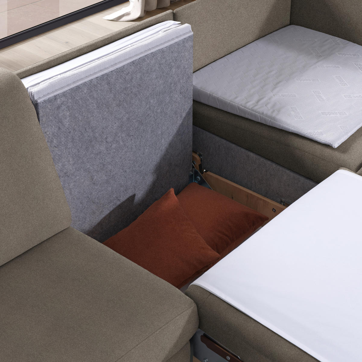 ECKSOFA in Flachgewebe Taupe  261/203 cm  - Taupe/Eichefarben, KONVENTIONELL, Holz/Textil (261/203cm) - Sedda