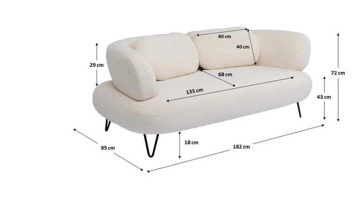 2-SITZER-SOFA in Bouclé Weiß  - Schwarz/Weiß, Design, Textil/Metall (182/72/95cm) - Kare-Design