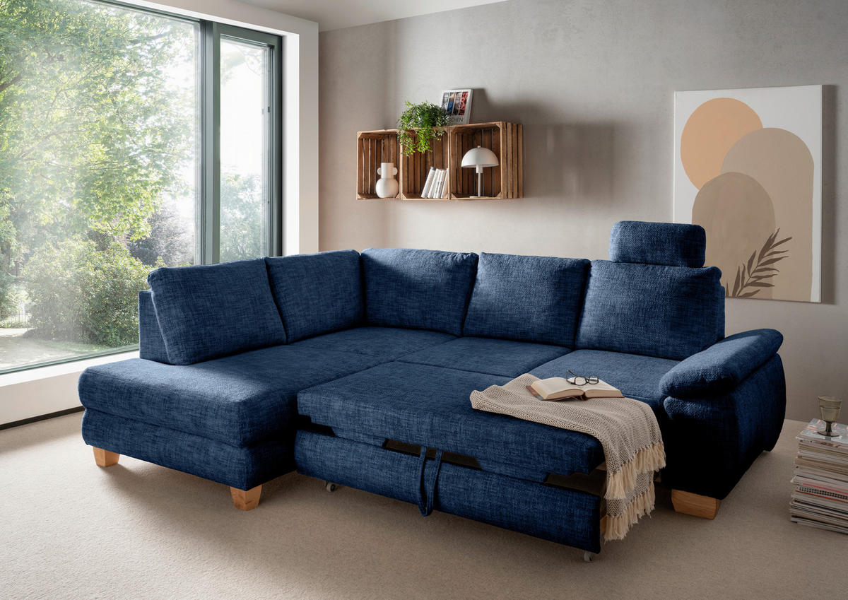 ECKSCHLAFSOFA in Struktur Blau  - Wildeiche/Blau, Modern, Holz/Textil (206/265cm) - Livetastic