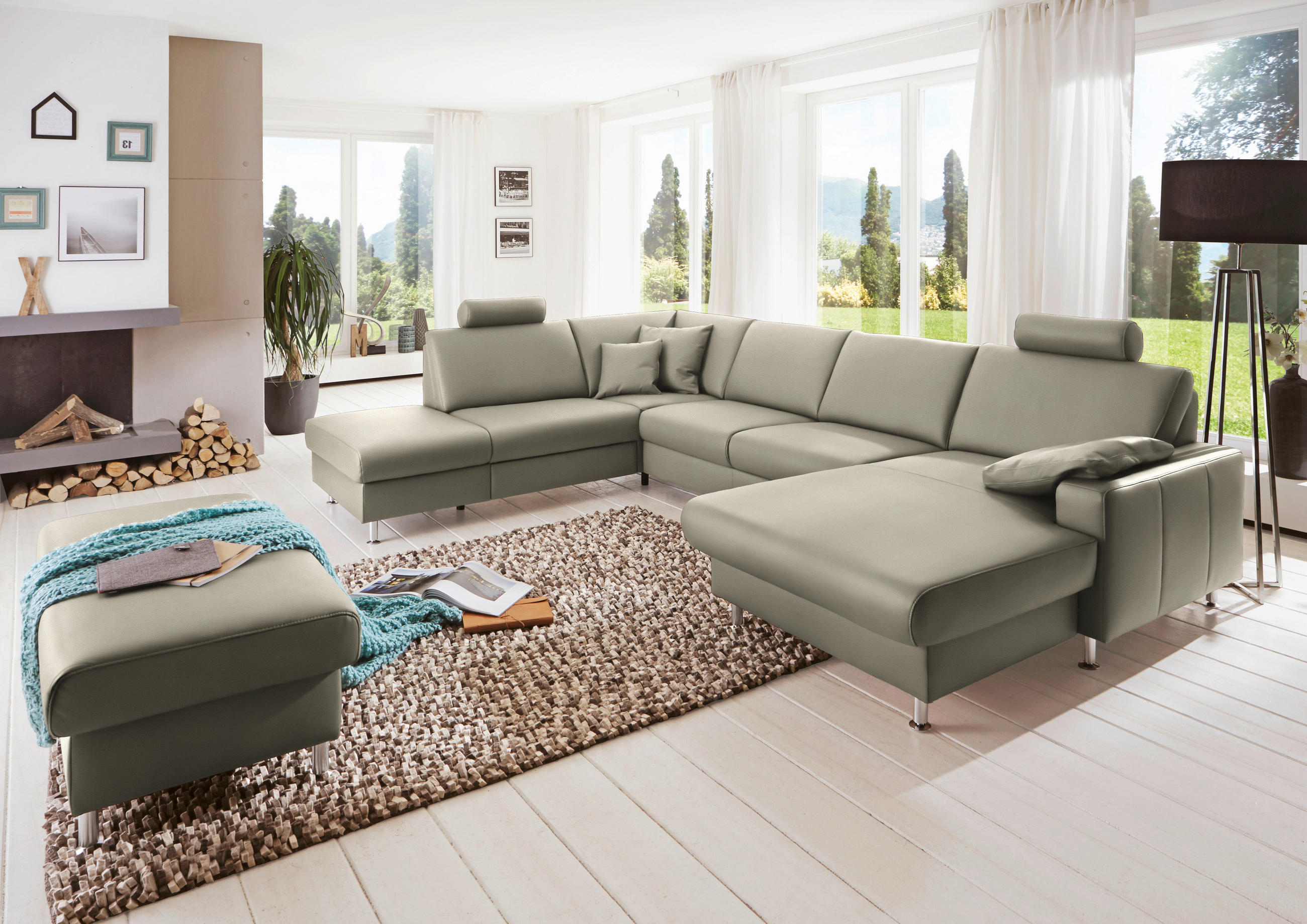 WOHNLANDSCHAFT in Echtleder Platinfarben  - Platinfarben/Alufarben, Design, Leder/Metall (233/339/165cm) - Beldomo Premium