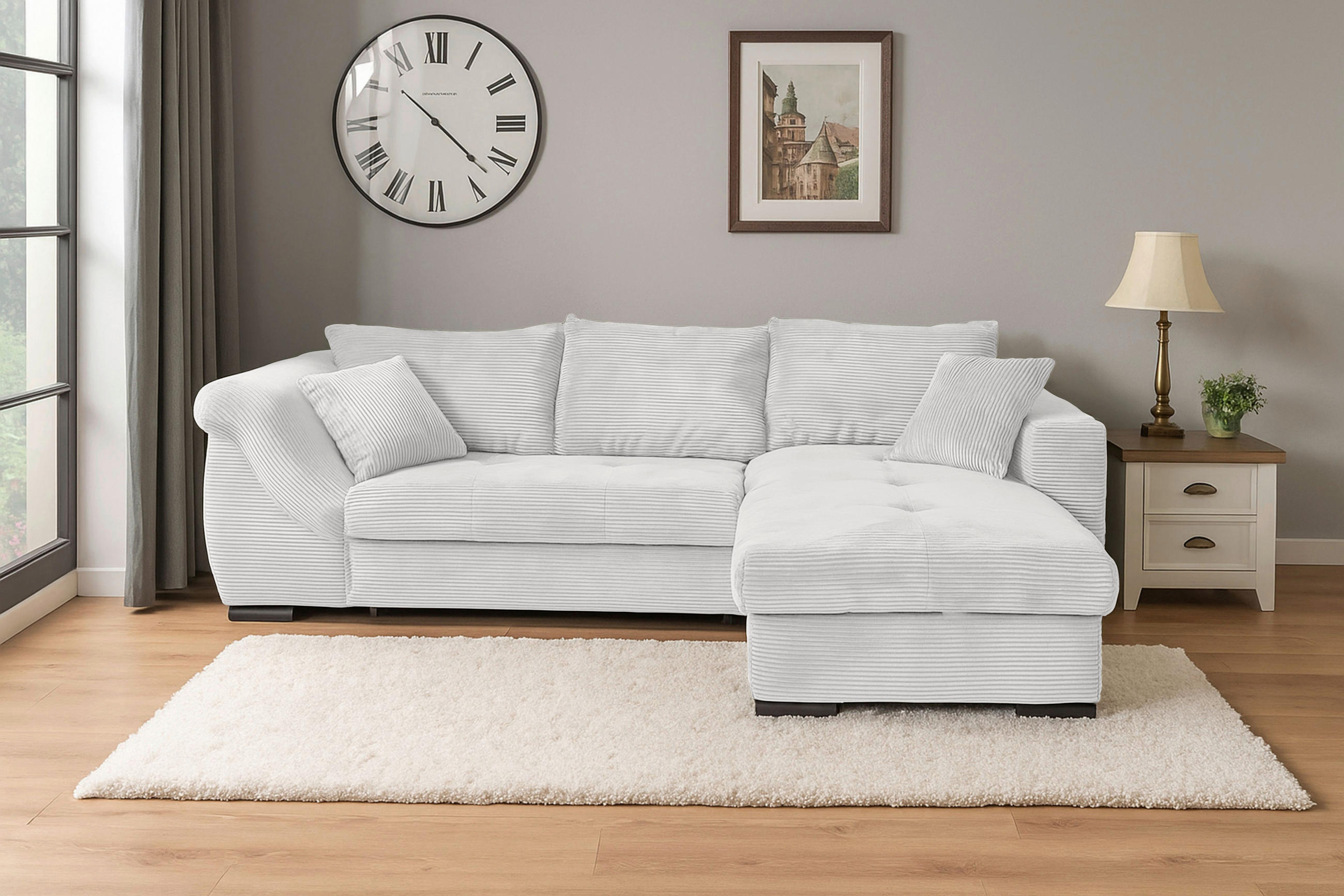 ECKSOFA Hellgrau Cord  - Hellgrau/Schwarz, KONVENTIONELL, Textil/Metall (258/168cm) - Carryhome