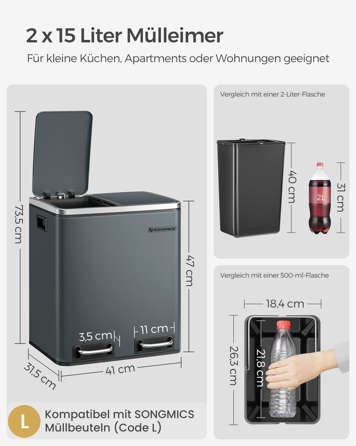 ABFALLSAMMLER 30 L  - Schwarz, Basics, Kunststoff/Metall (41/47/31,5cm)