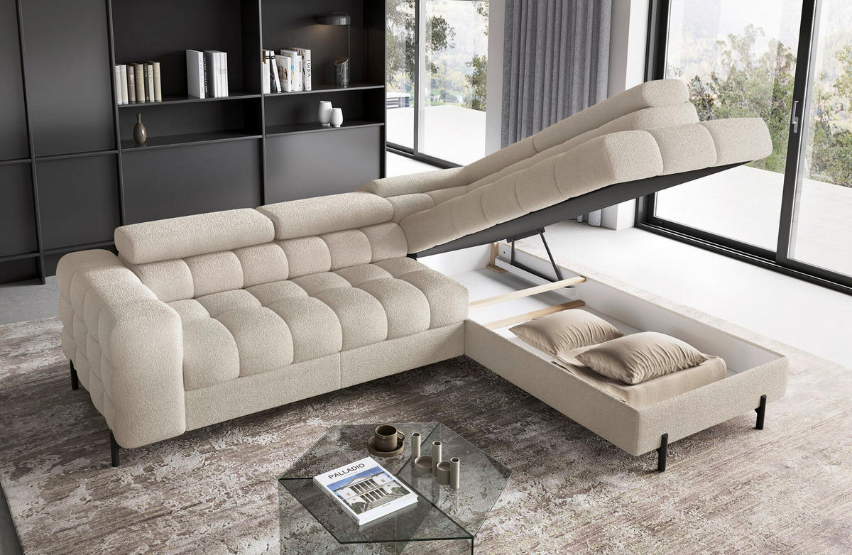 ECKSOFA FERUCCE Creme Teddystoff Bettkasten, Kopfteilverstellung  - Creme/Schwarz, Design, Textil/Metall (276/200cm) - MID.YOU