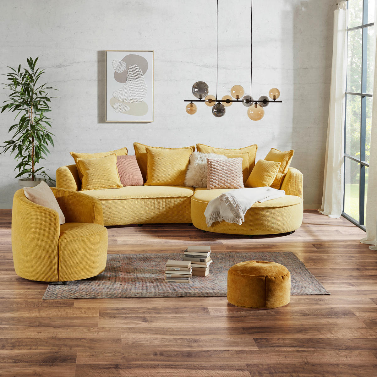 ECKSOFA in Velours, Struktur Senfgelb  - Senfgelb/Schwarz, Modern, Kunststoff/Textil (287/168cm) - Livetastic