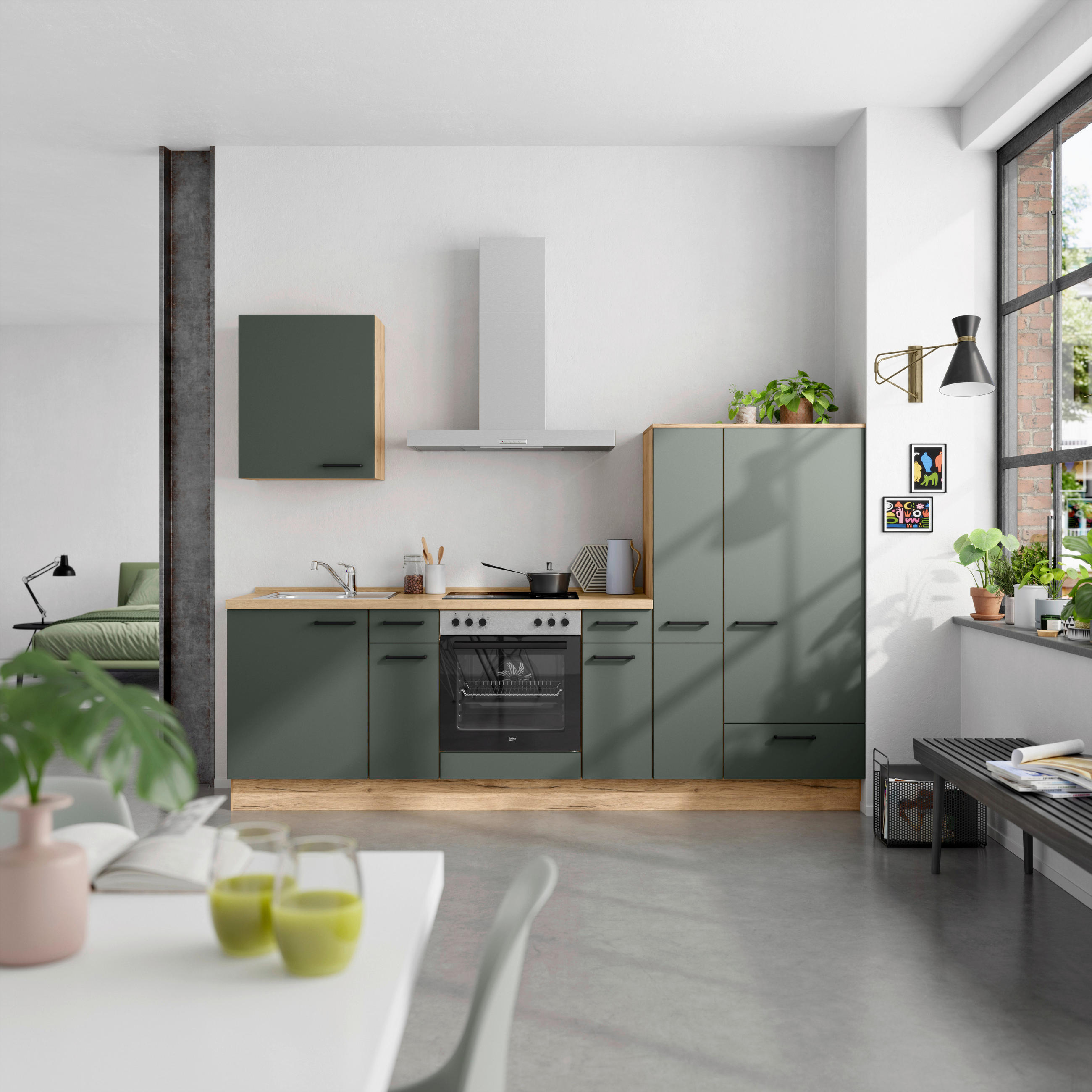 KÜCHENBLOCK 270 cm   in Eichefarben, Dunkelgrün  - Dunkelgrün/Eichefarben, MODERN, Holzwerkstoff/Metall (270cm) - Nobilia