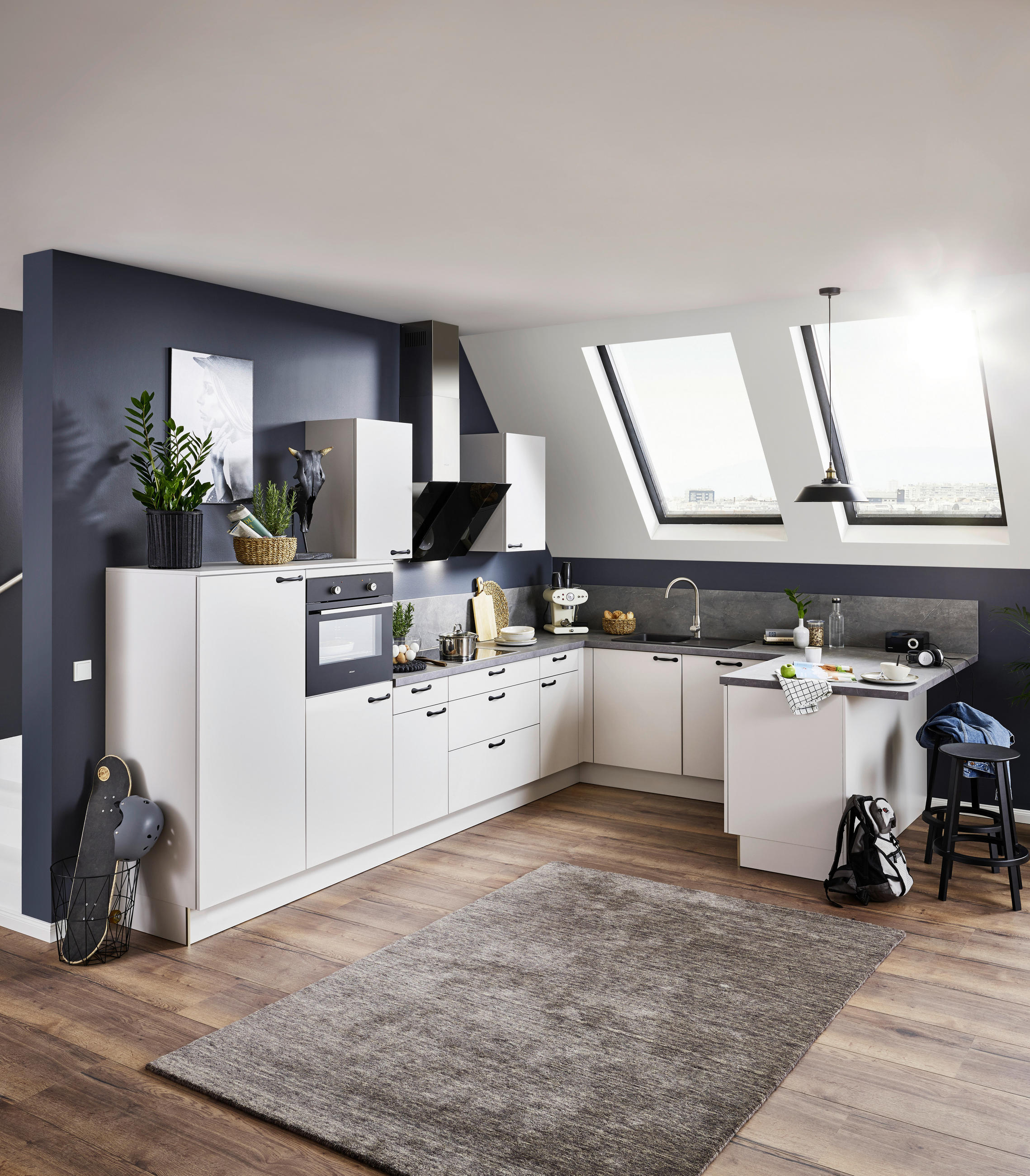 EINBAUKÜCHE UNO  - Creme/Schwarz, Design, Holzwerkstoff/Metall - Moderano
