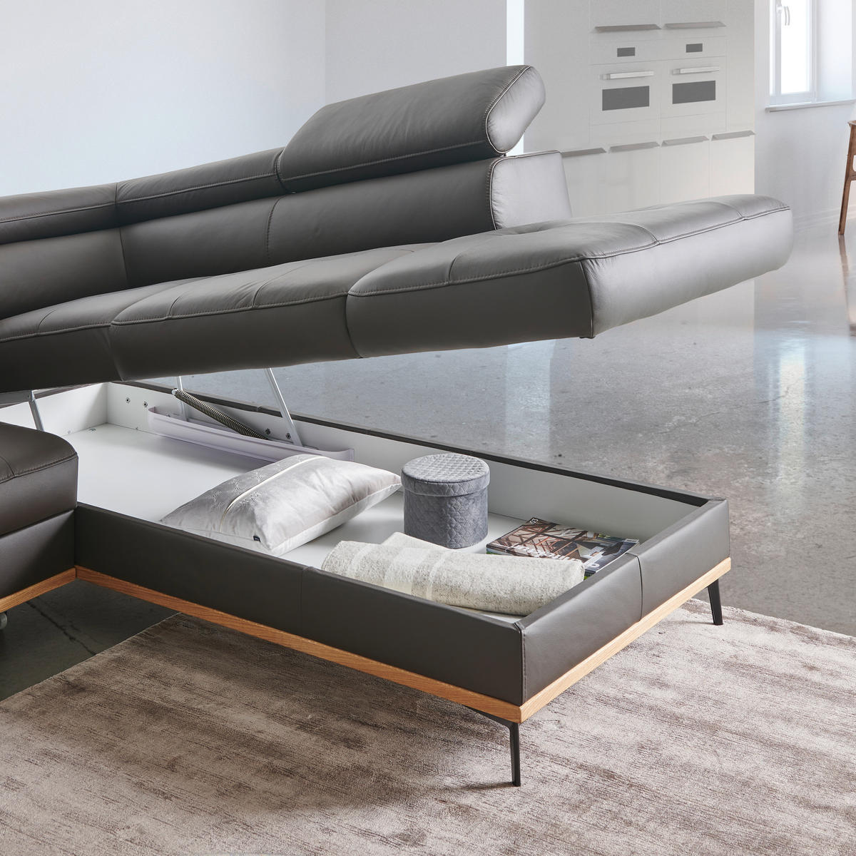 ECKSOFA Dunkelbraun Echtleder  - Dunkelbraun/Schwarz, Design, Leder/Holz (252/220cm) - Novel