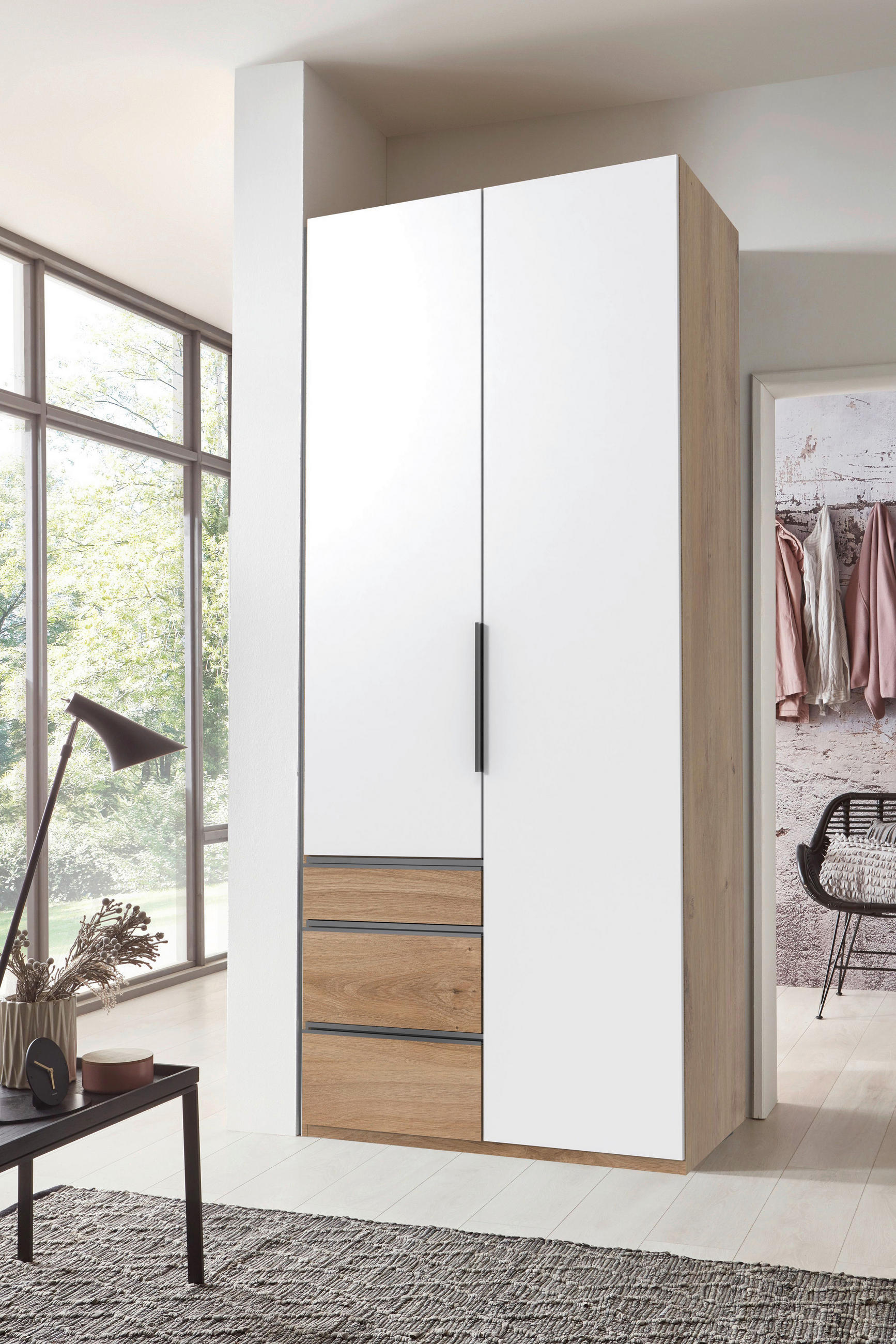 DREHTÜRENSCHRANK Weiss, Plankeneiche  - Chromfarben/Plankeneiche, Modern, Holzwerkstoff/Metall (100/216/58cm) - MID.YOU