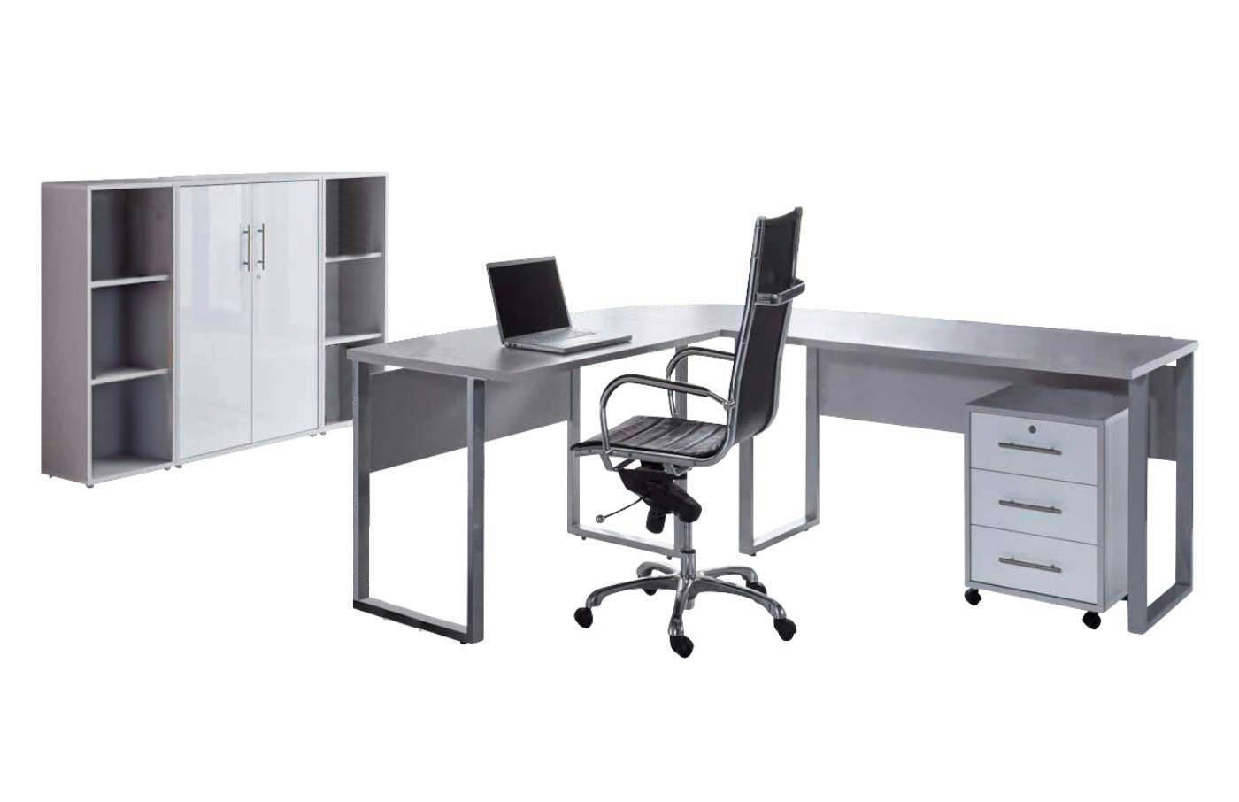 BÜRO erweiterbar, in verschiedenen Holz-Dekoren erhältlich, Schreibtisch seitenverkehrt montierbar, abschließbar Grau, Weiß Hochglanz - Weiß Hochglanz/Grau, MODERN, Holzwerkstoff - MID.YOU