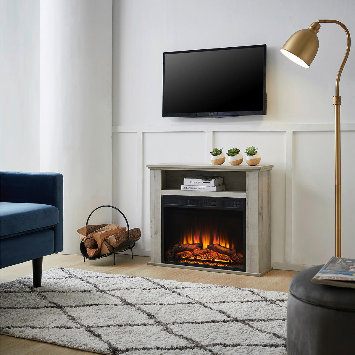ELEKTRISK KAMIN - grå ek, Basics, metall/trä (23/85/65cm)