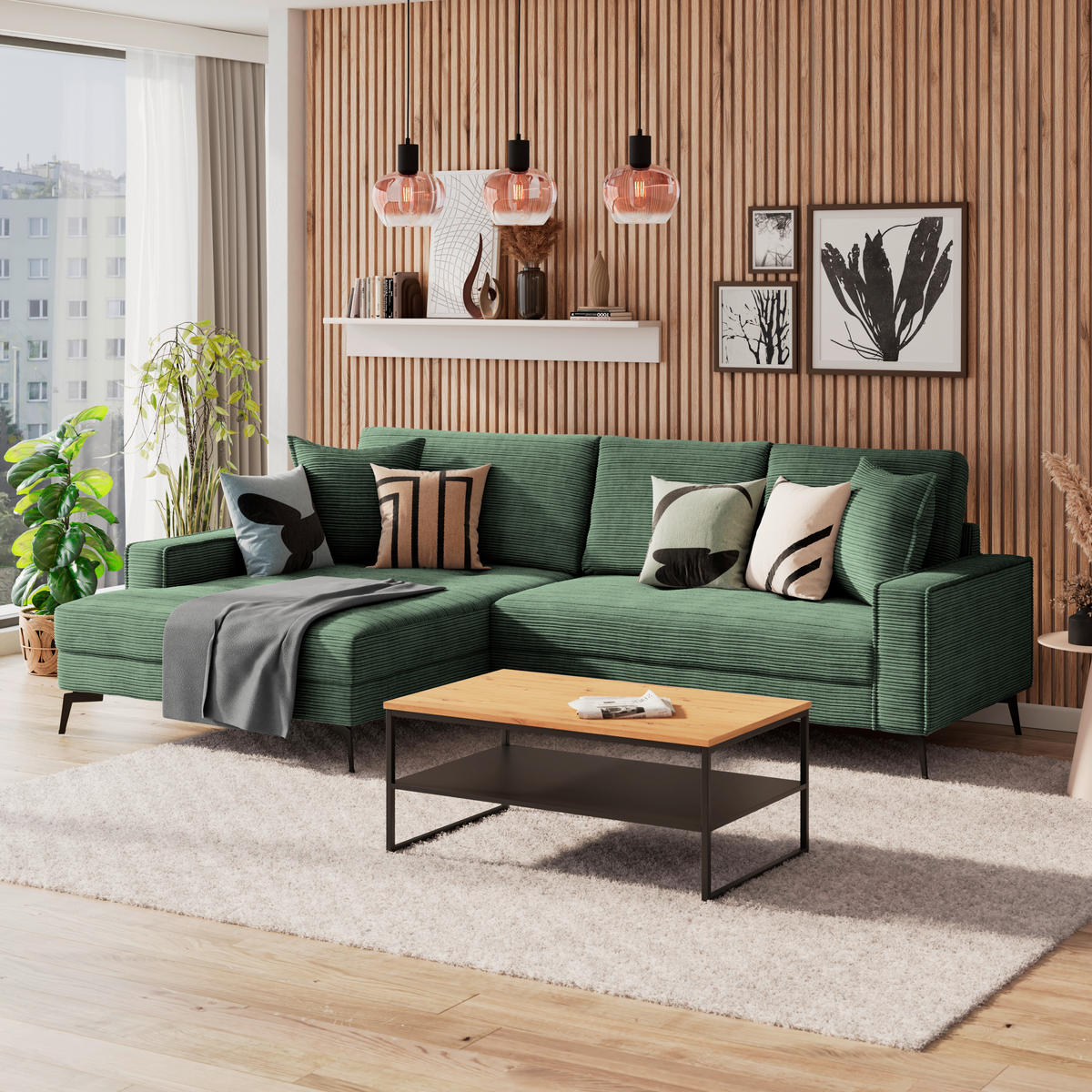 ECKSOFA ZERO Grün Cord Zierkissen, Rückenkissen  - Schwarz/Grün, Trend, Textil/Metall (173/286cm) - Livetastic