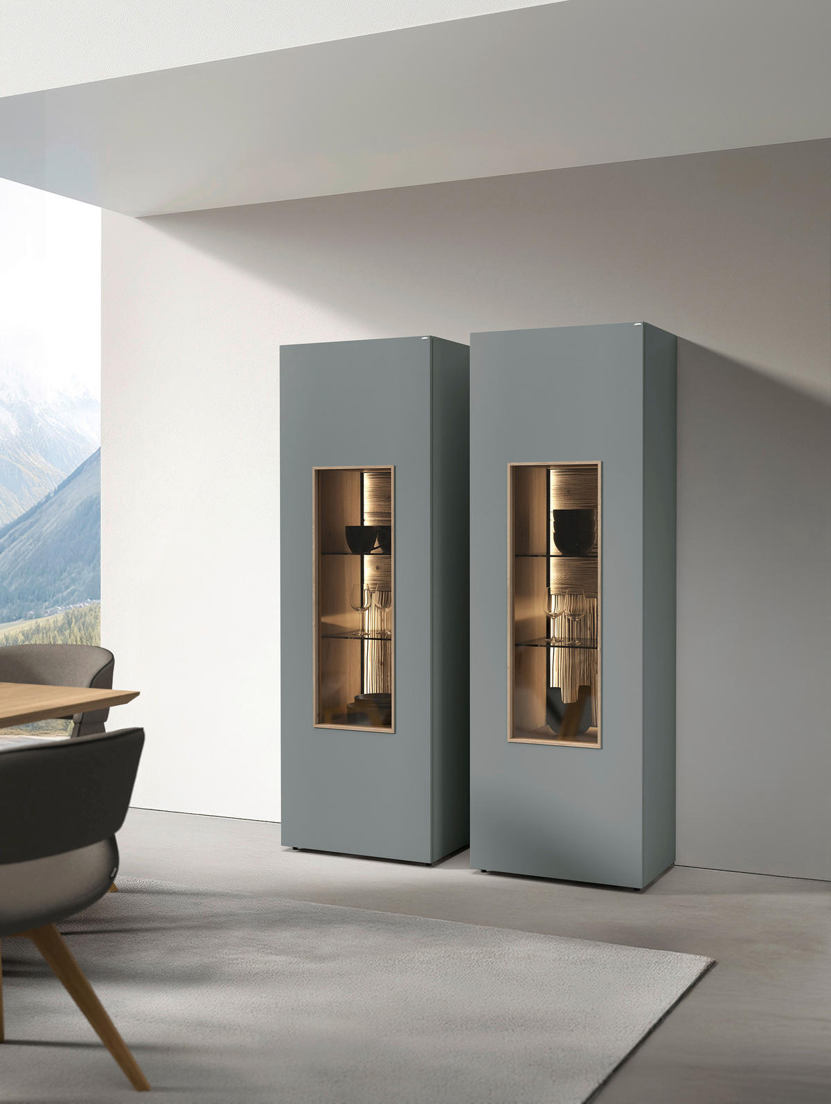 VITRINE VLACERA LIVING in furniert, massiv Wildeiche Wildeiche, Graugrün  - Wildeiche/Graugrün, Design, Glas/Holz (64/194/43cm) - Voglauer