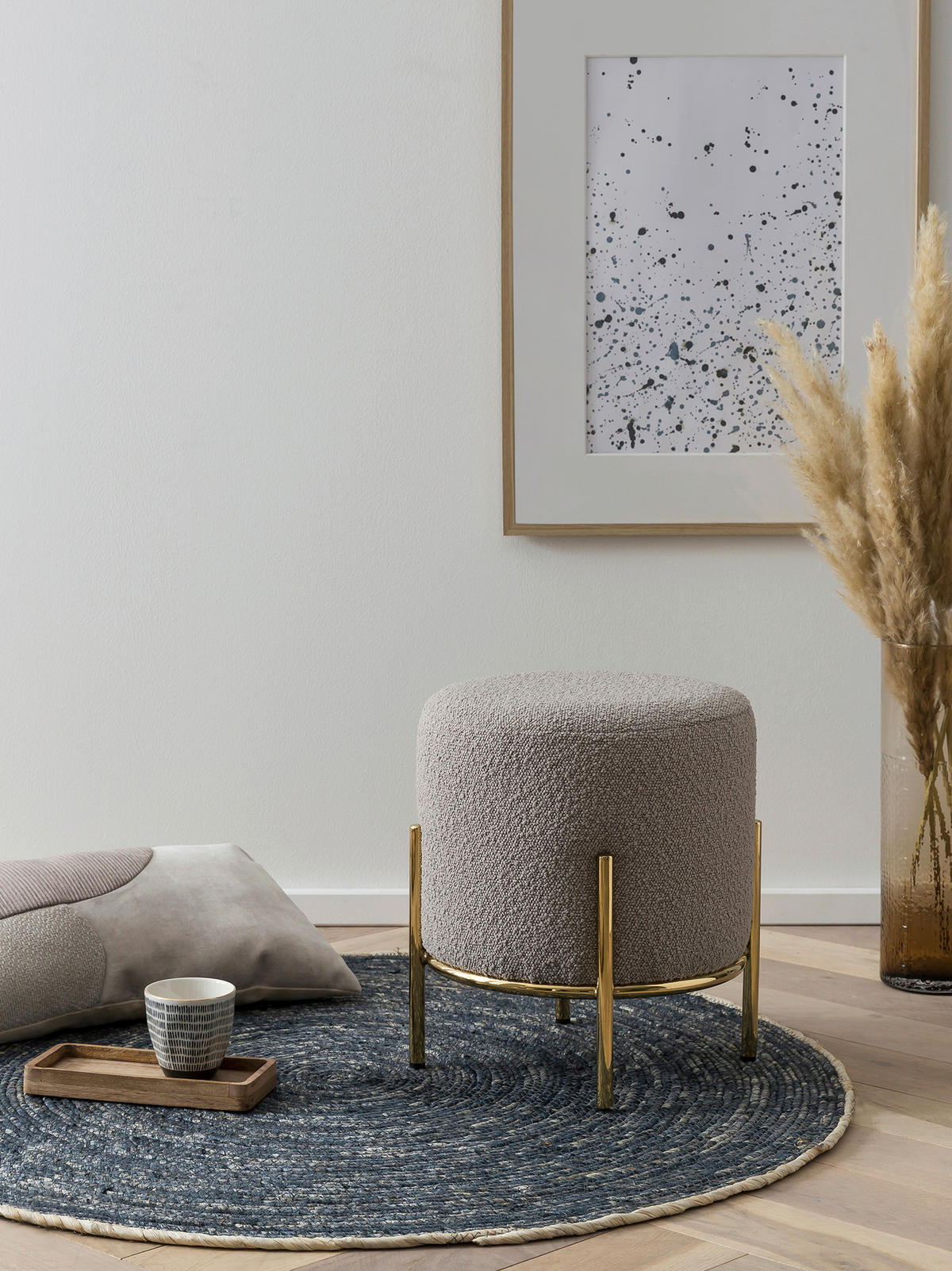 HOCKER Bouclé Taupe, Goldfarben  - Taupe/Goldfarben, MODERN, Textil/Metall (35/38/35cm) - Livetastic