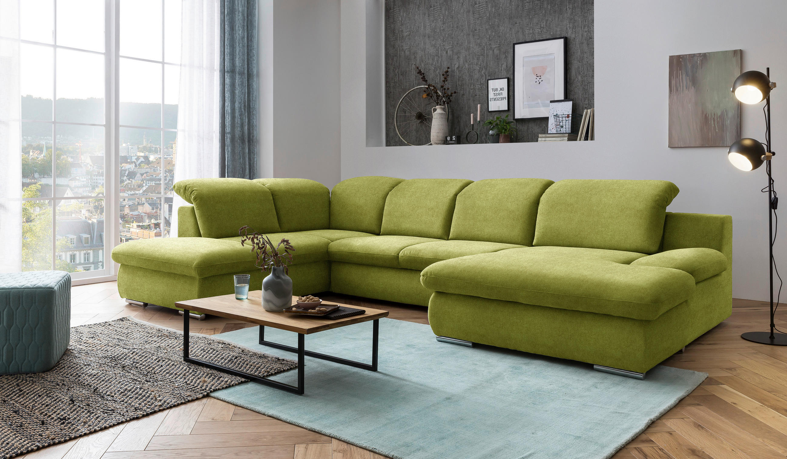 WOHNLANDSCHAFT in Chenille Grün - Chromfarben/Grün, Design, Textil/Metall (212/353/165cm) - Livetastic