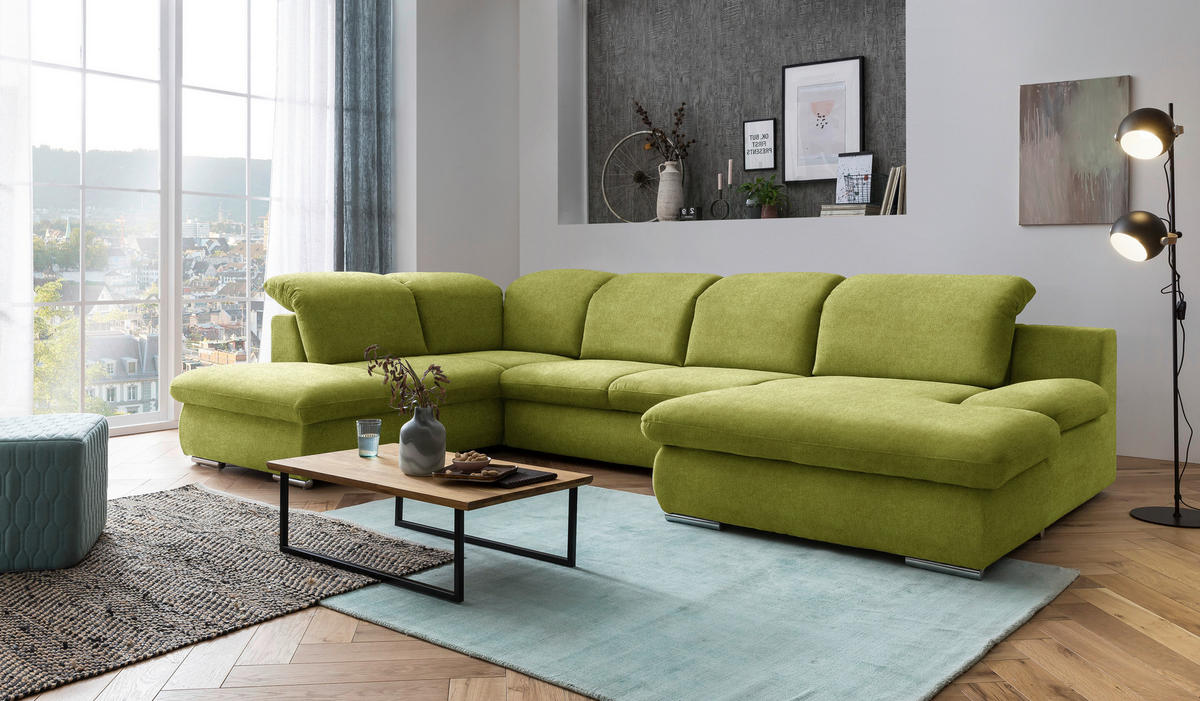 WOHNLANDSCHAFT in Chenille Grün  - Chromfarben/Grün, Design, Textil/Metall (212/353/165cm) - Livetastic
