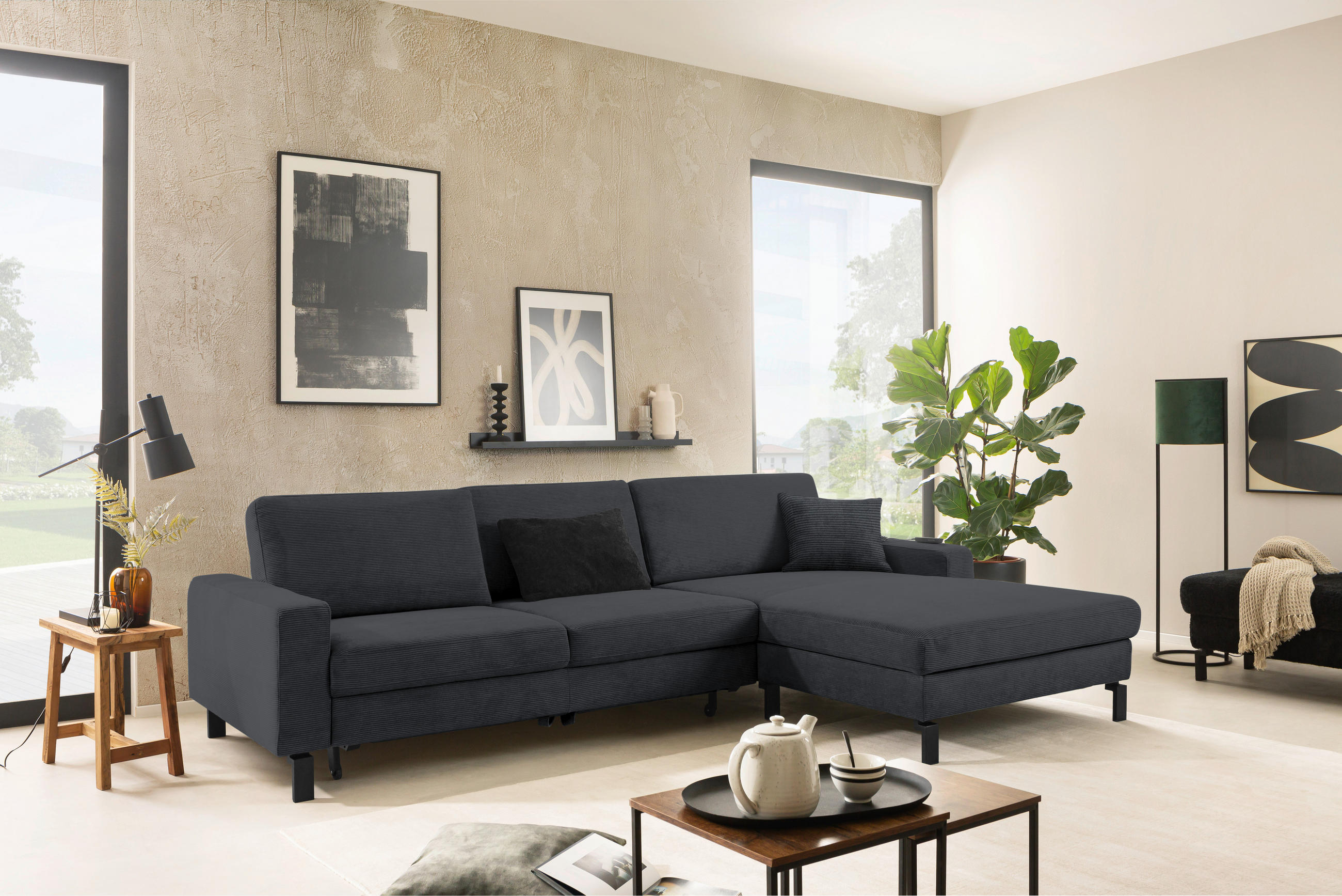 ECKSOFA in Cord Anthrazit  - Anthrazit/Schwarz, Design, Textil/Metall (298/185-209cm) - Pure Home Lifestyle