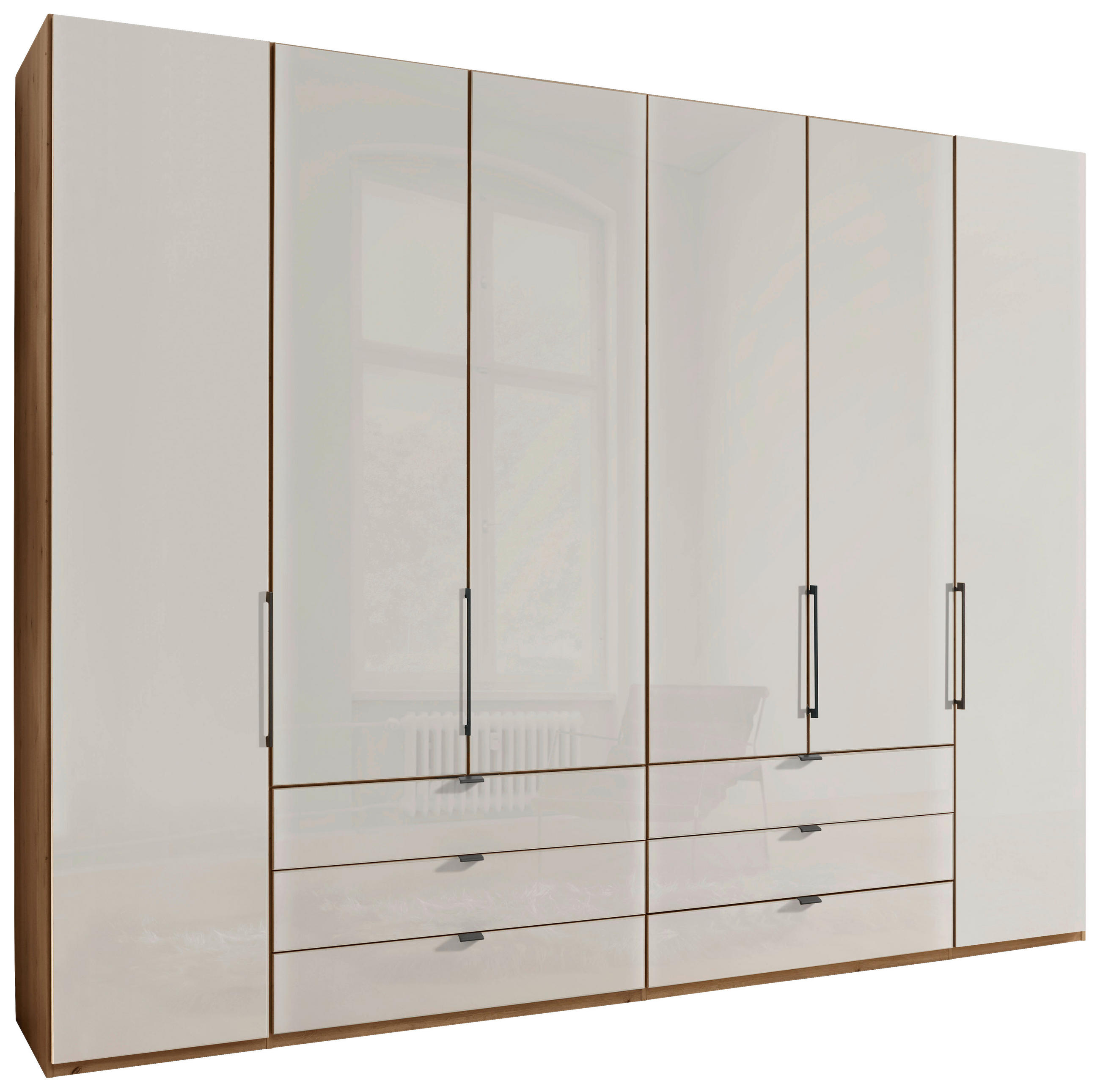 FALTTÜRENSCHRANK 300/236/58 cm 4-türig Champagner, Eiche Bianco  - Schieferfarben/Eiche Bianco, KONVENTIONELL, Glas/Holzwerkstoff (300/236/58cm) - Dieter Knoll