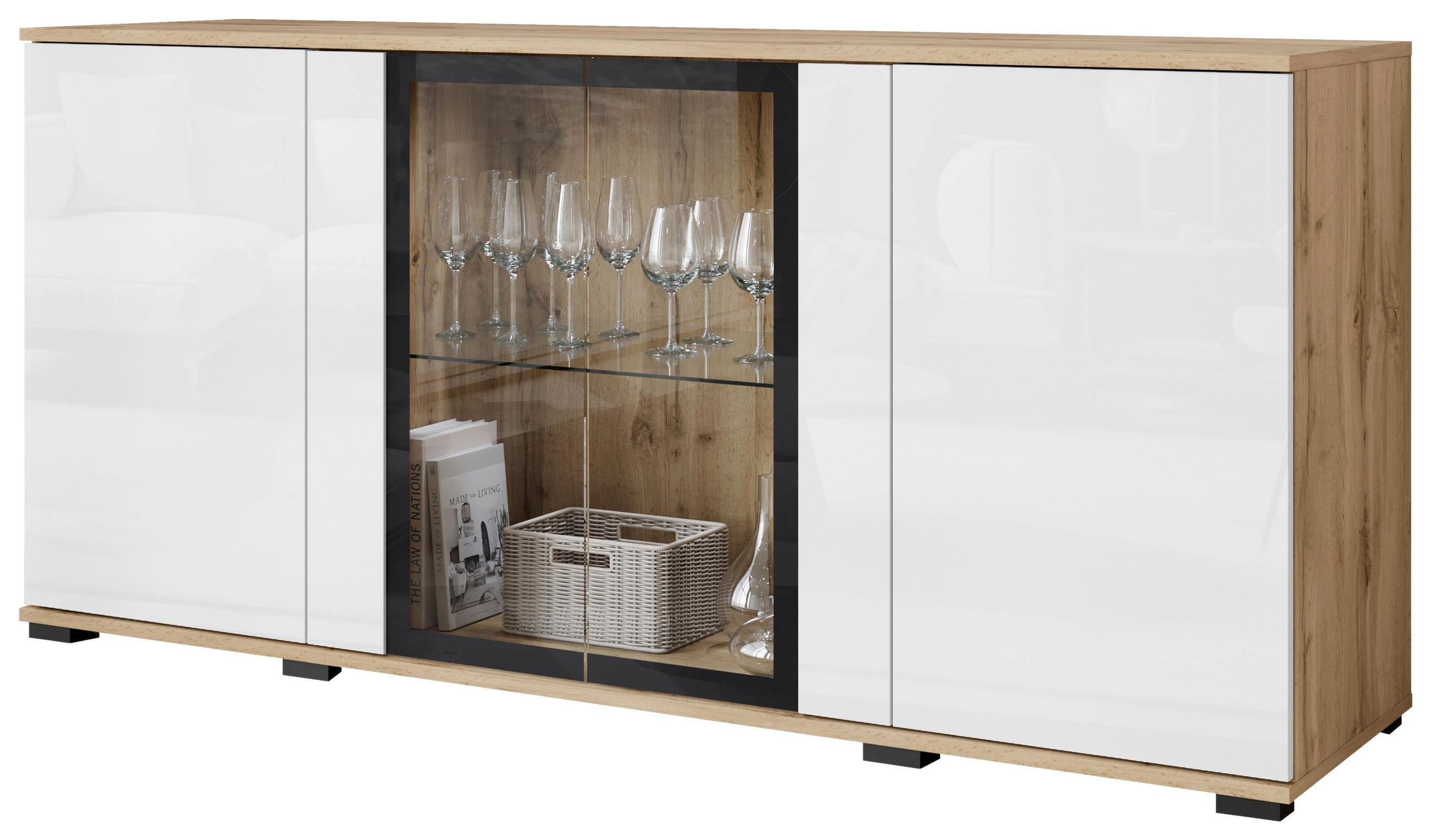 SIDEBOARD 150/69,7/39,5 cm  - ek Wotan/vit högglans, Design, trämaterial/glas (150/69,7/39,5cm) - Livetastic
