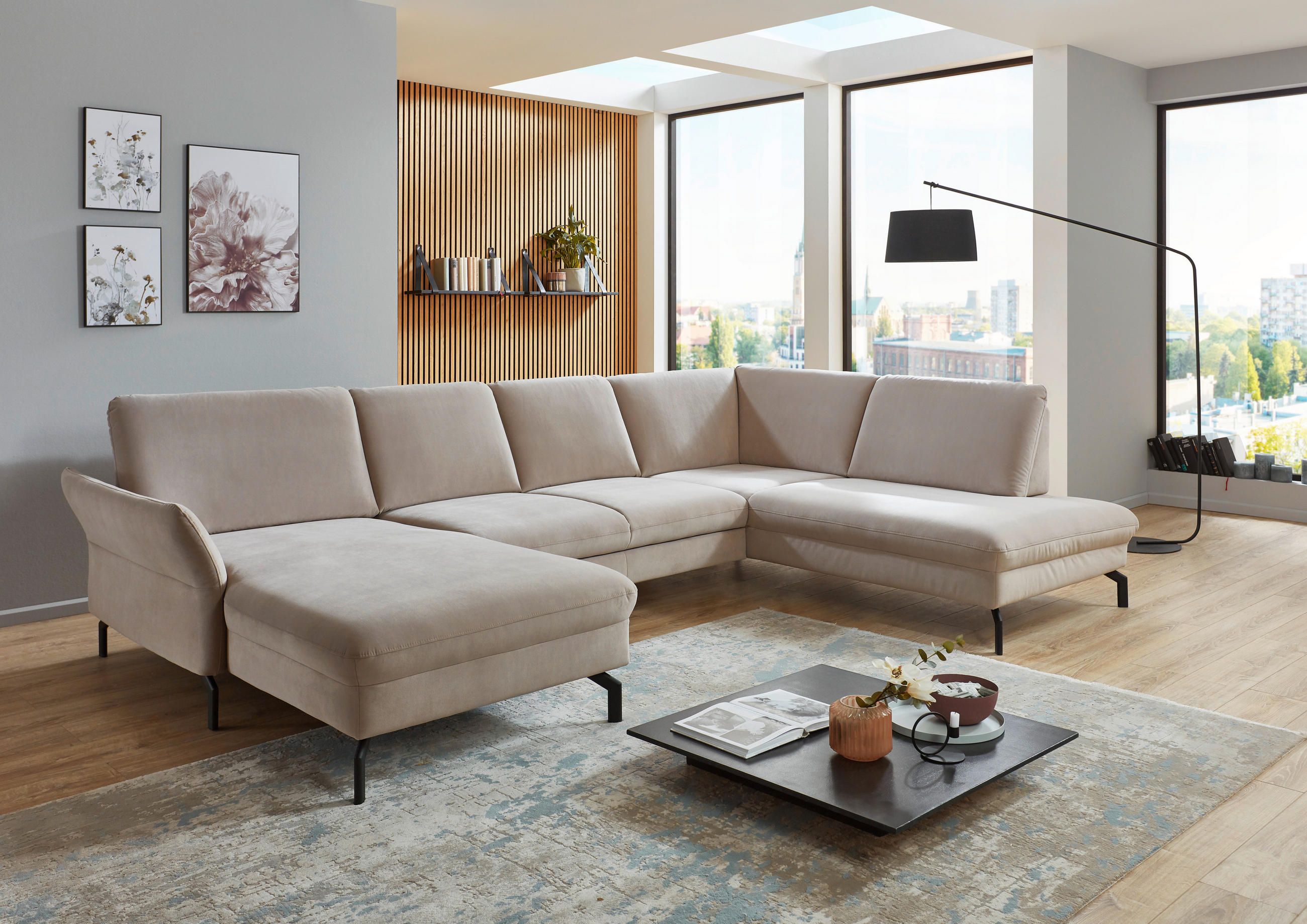 WOHNLANDSCHAFT Graubraun Velours  - Graubraun/Schwarz, Design, Textil/Metall (179/335/220cm) - Beldomo System