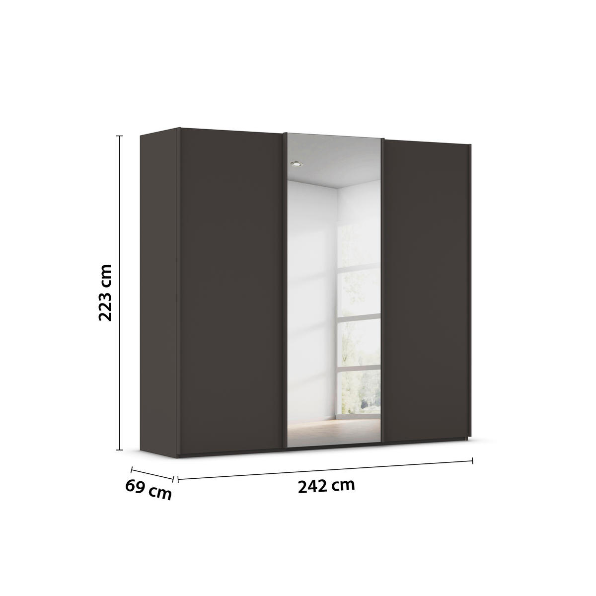 SCHWEBETÜRENSCHRANK 242/223/69 cm,  in Graphitfarben, 3 Tür(en)  - Graphitfarben, Basics, Glas/Holzwerkstoff (242/223/69cm) - Rauch Möbel