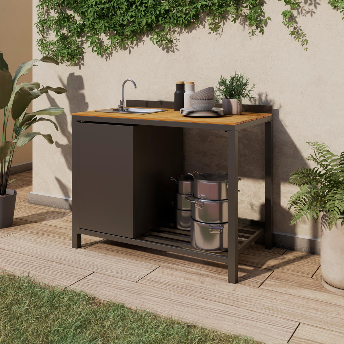 VENKOVNÍ KUCHYNĚ  - přírodní barvy/antracitová, Moderní, kov/plast (110/90/61cm) - Ambia Garden