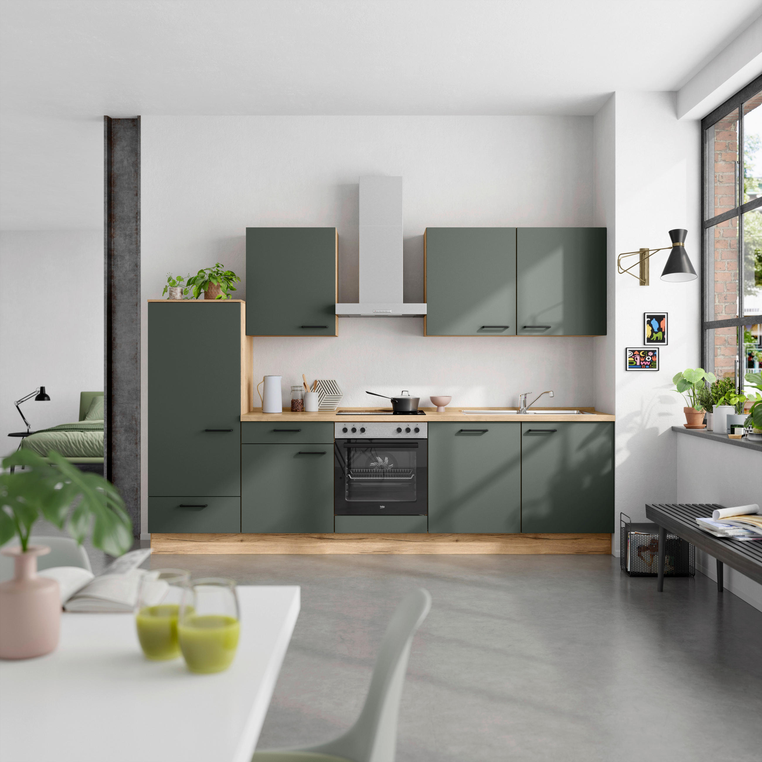 KÜCHENBLOCK 300 cm   in Eichefarben, Dunkelgrün  - Dunkelgrün/Eichefarben, MODERN, Holzwerkstoff/Metall (300cm) - Nobilia