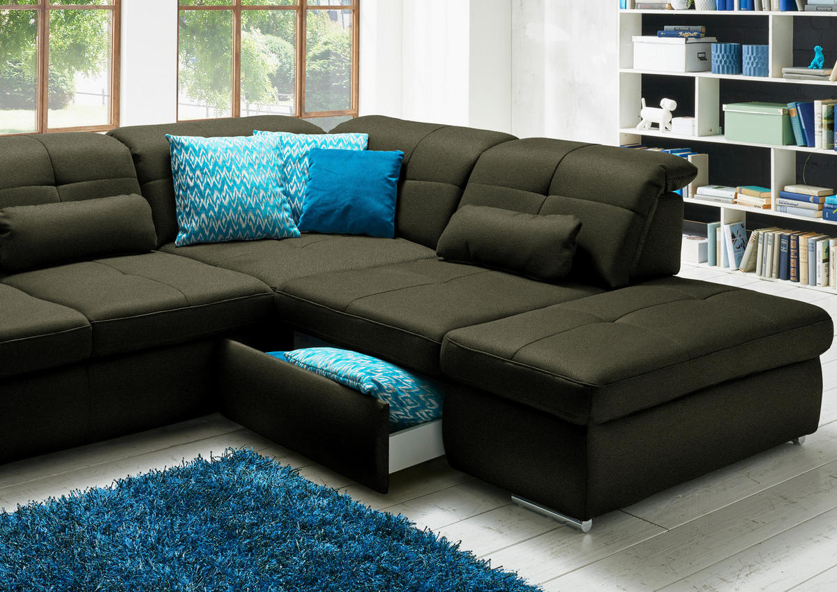 WOHNLANDSCHAFT  in Mikrofaser Olivgrün  - Chromfarben/Olivgrün, Design, Textil (195/371/260cm) - Beldomo Style