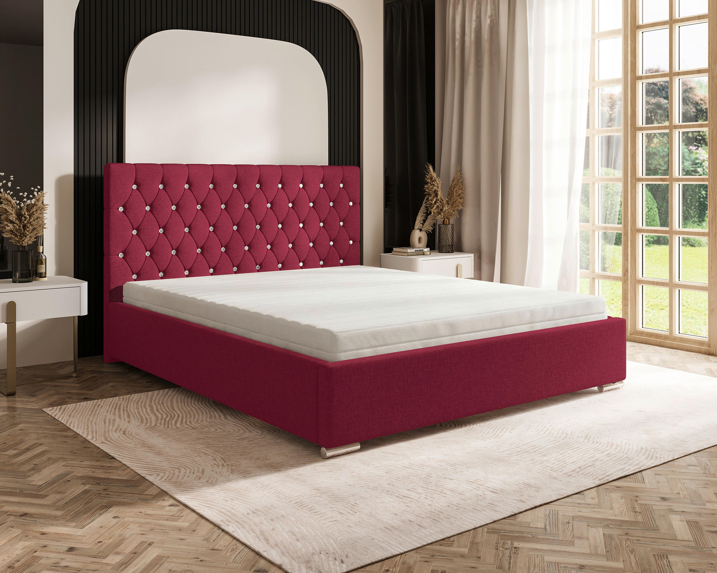 POLSTERBETT 180/200 cm,  in Dunkelrot, gepolstertes Kopfteil, Lattenrost, Bettkasten,  - Chromfarben/Schwarz, MODERN, Holz/Kunststoff (180/200cm) - Chameo