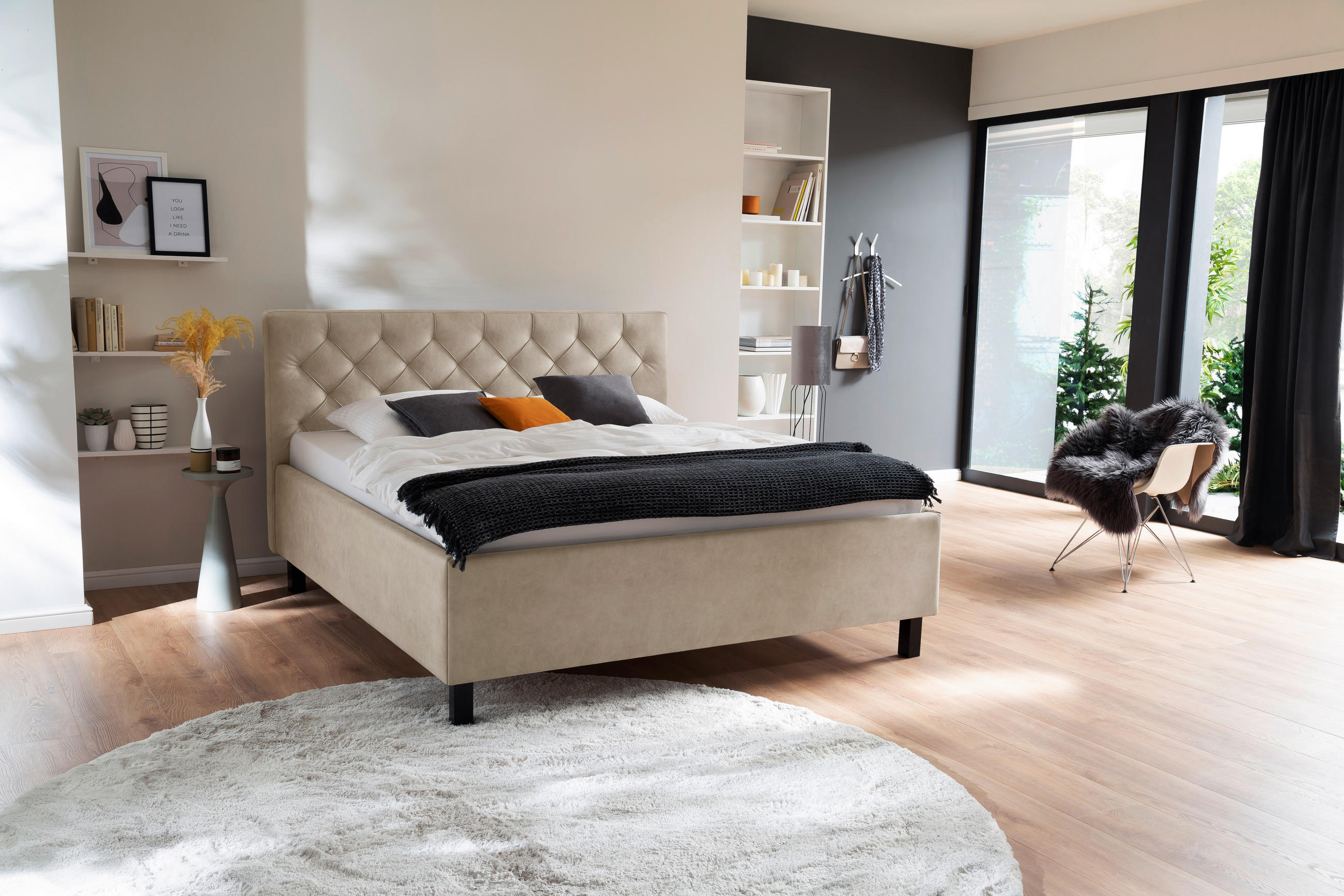POLSTERBETT 180/200 cm in Beige - Beige/Schwarz, MODERN, Holz/Holzwerkstoff (180/200cm) - Visionight