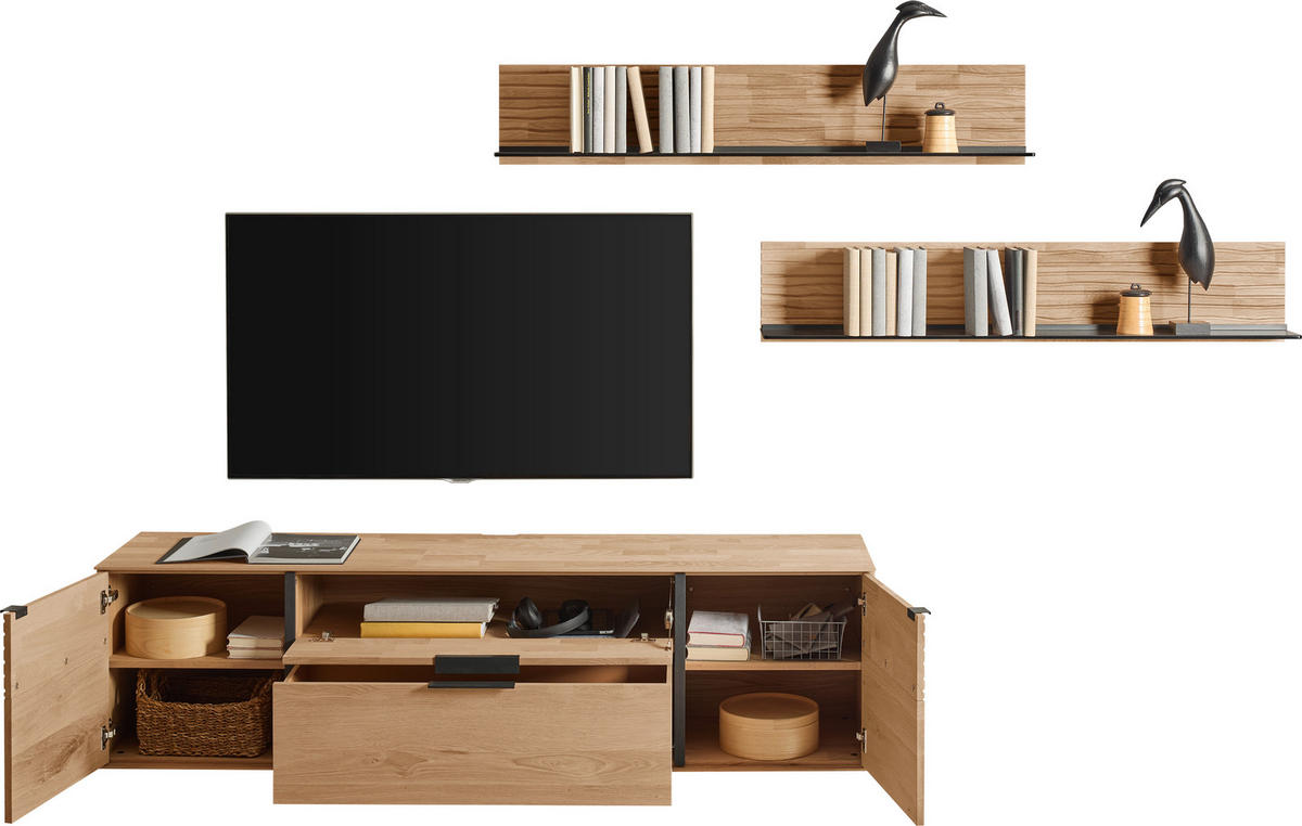 WOHNWAND  Eichefarben 306/185/44 cm  - Eichefarben/Anthrazit, Natur, Glas/Holz (306/185/44cm) - Valnatura