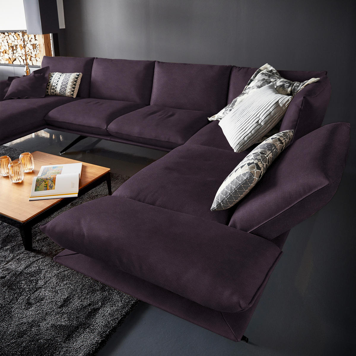 WOHNLANDSCHAFT Formia in Echtleder Violett  - Violett/Schwarz, Natur, Leder/Metall (155/359/217cm) - Dieter Knoll