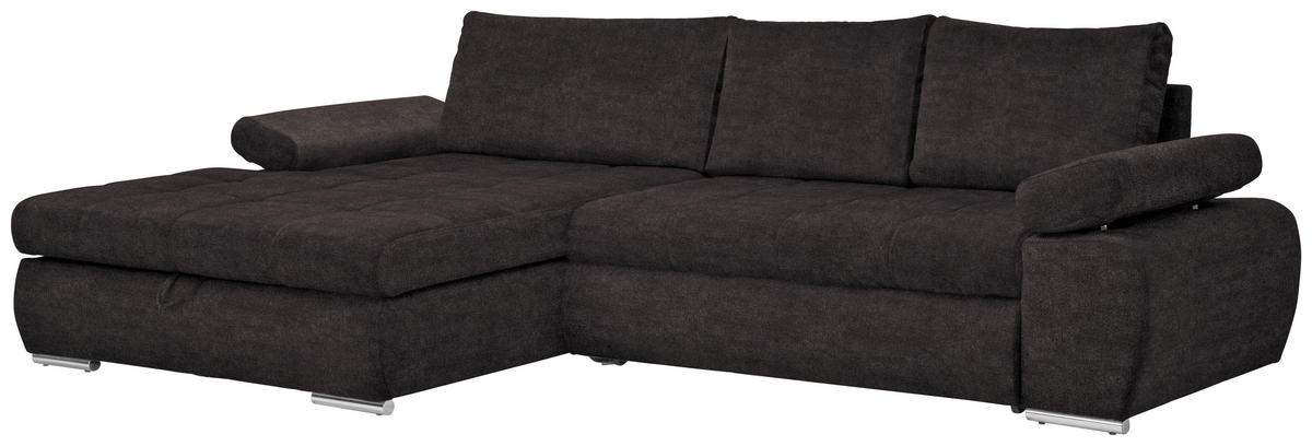 ECKSOFA Anthrazit Flachgewebe Rückenkissen, Bettkasten, Schlaffunktion, Rücken echt, Armteilverstellung  - Chromfarben/Anthrazit, Design, Kunststoff/Textil (294/173cm) - Carryhome
