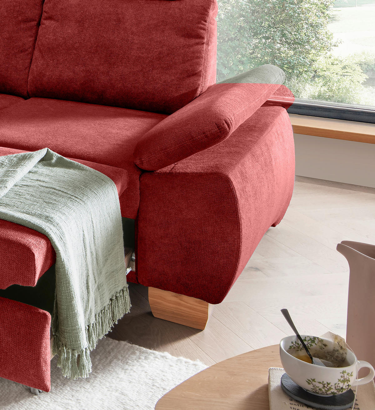 ECKSCHLAFSOFA in Chenille Rot  - Wildeiche/Rot, Modern, Holz/Textil (206/261cm) - Livetastic