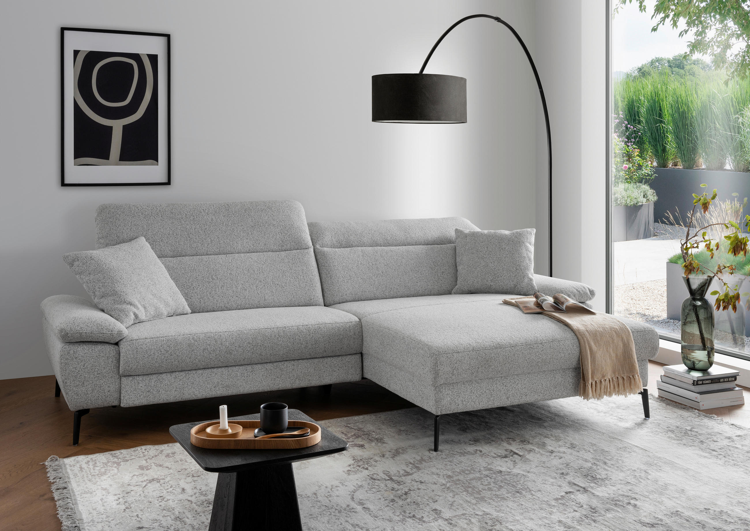 ECKSOFA Struktur Hellgrau  - Hellgrau/Schwarz, Konventionell, Textil/Metall (300/178cm) - Livetastic