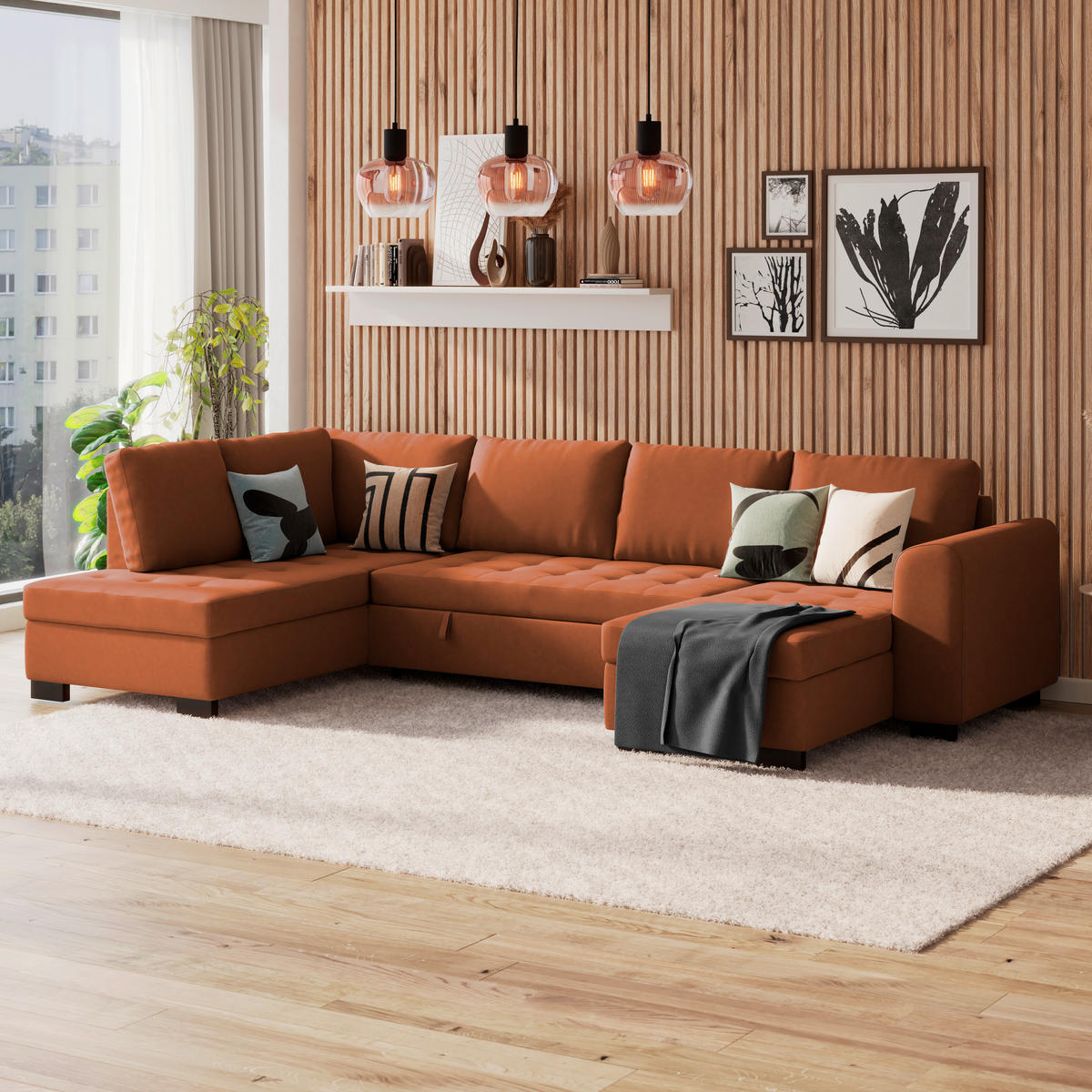 WOHNLANDSCHAFT Terracotta Mikrofaser  - Terracotta/Schwarz, MODERN, Kunststoff/Textil (178/305/155cm) - P & B