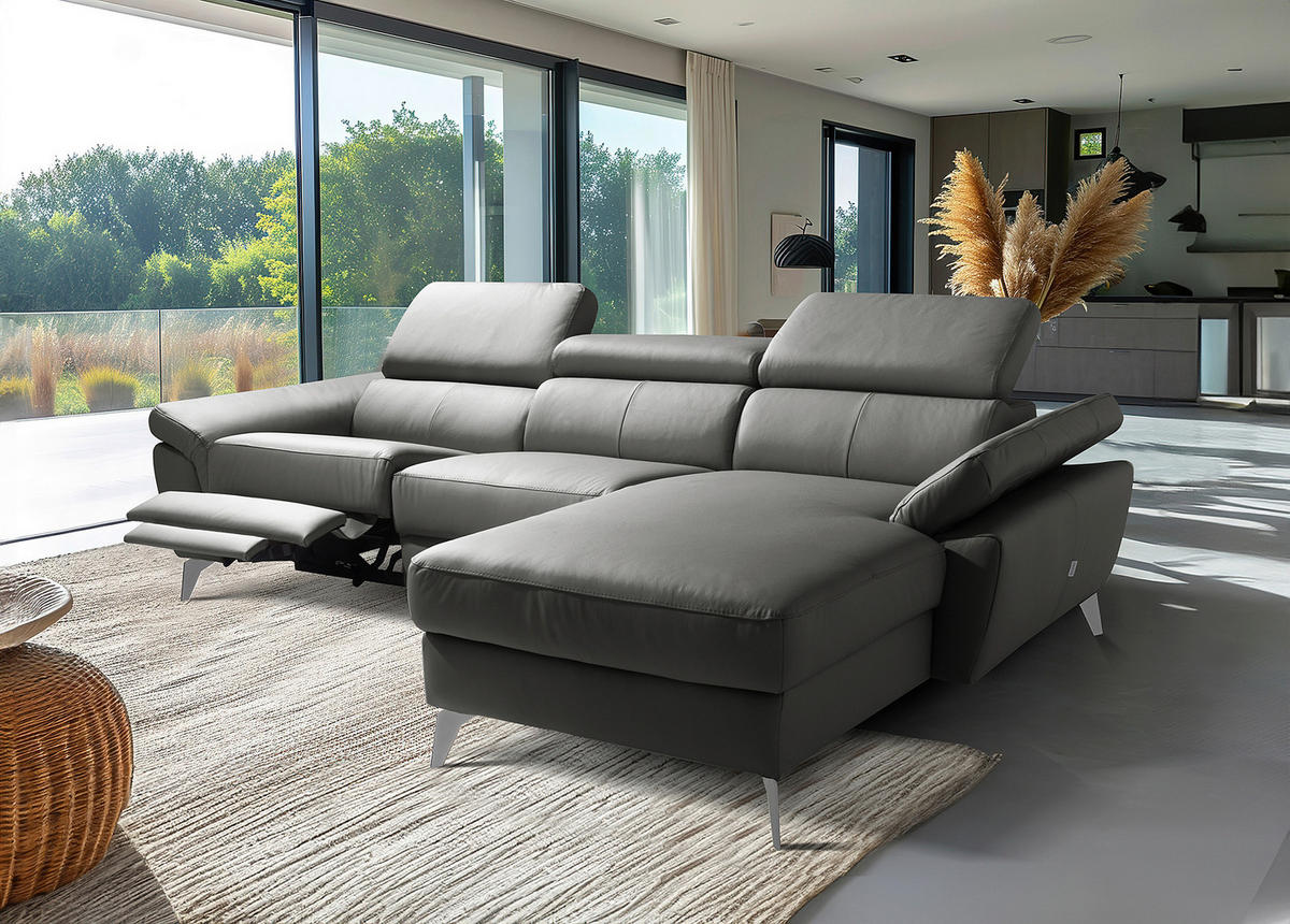 ECKSOFA Lederlook Echtleder Anthrazit  - Chromfarben/Anthrazit, Design, Leder/Textil (252/179cm) - Livetastic