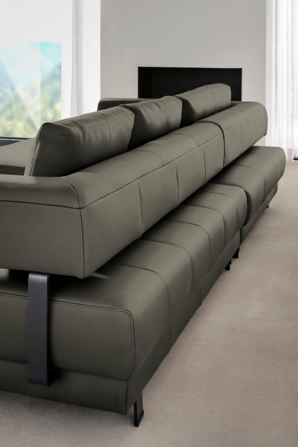 ECKSOFA in Echtleder Grau  - Schwarz/Grau, Design, Leder/Metall (188/307cm)