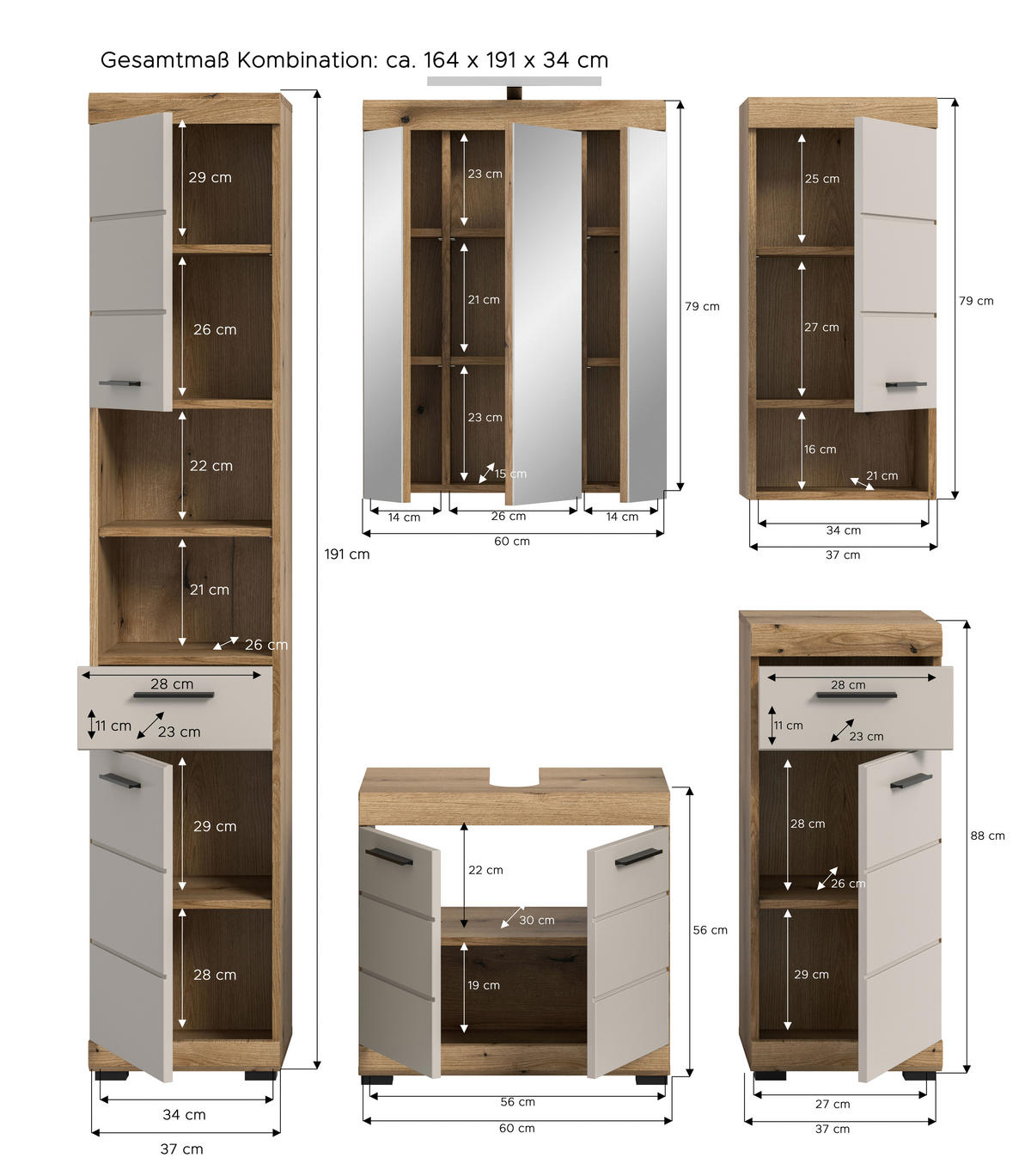BADEZIMMER 5-teilig  in 134 cm  - Kaschmir/Schwarz, MODERN, Glas/Holzwerkstoff (134cm) - MID.YOU
