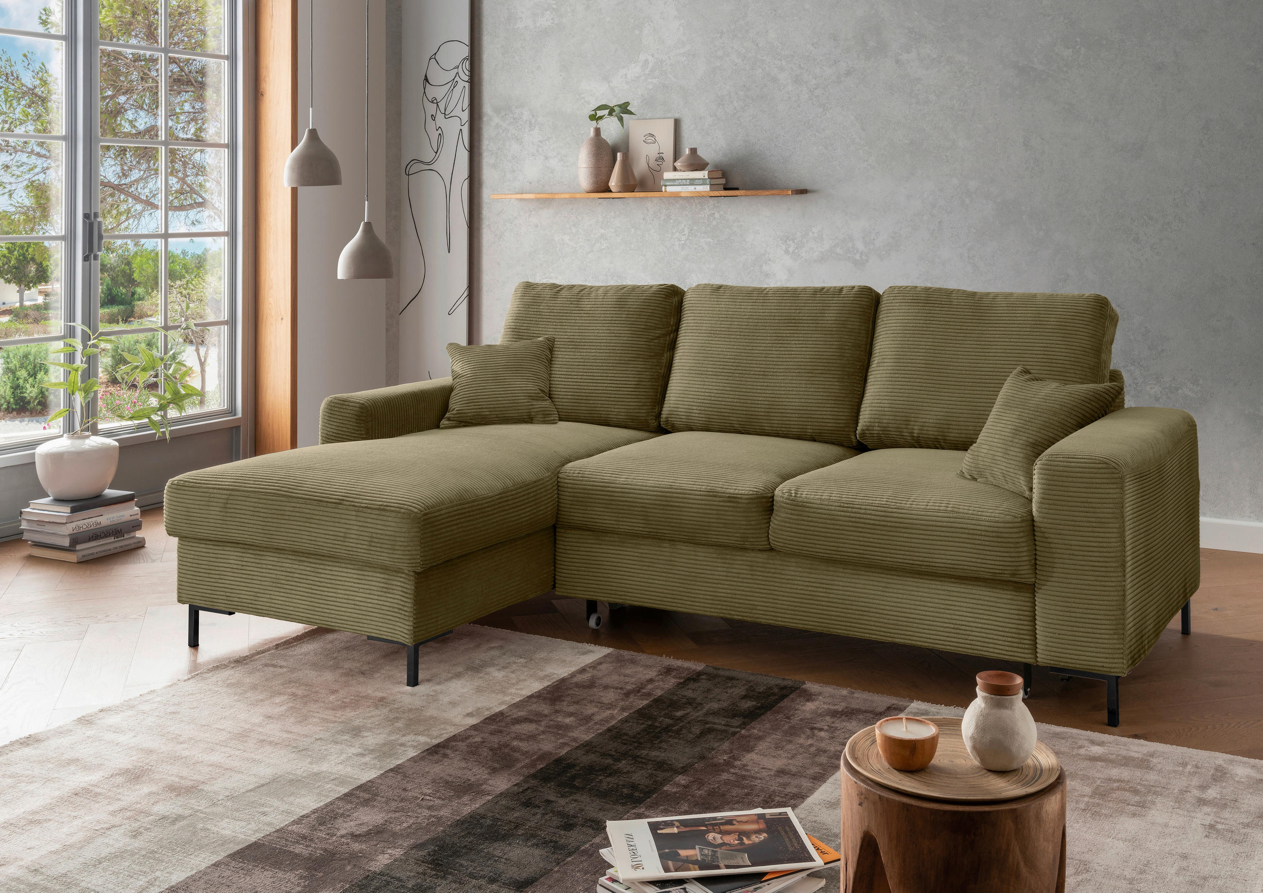 ECKSCHLAFSOFA  mit Rücken echt Cord Olivgrün  - Schwarz/Olivgrün, KONVENTIONELL, Textil/Metall (143/237cm) - Livetastic