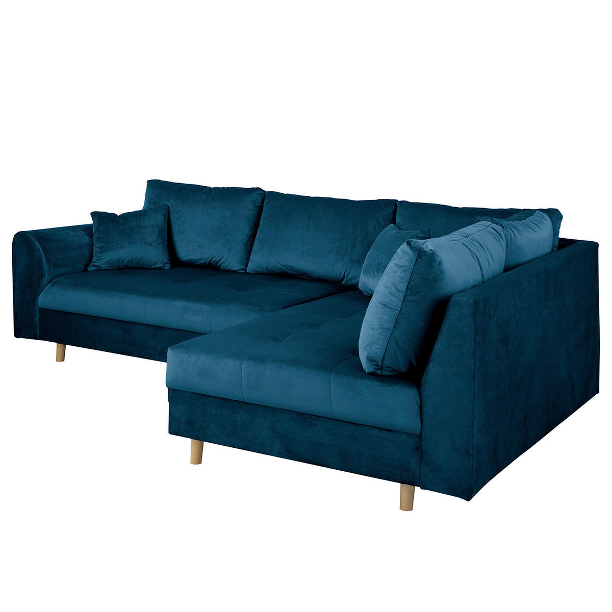 ECKSOFA inkl. Hocker Ariella Blau Samt Rückenkissen, Hocker  - Blau/Naturfarben, Design, Holz/Textil (231/161cm) - Livetastic