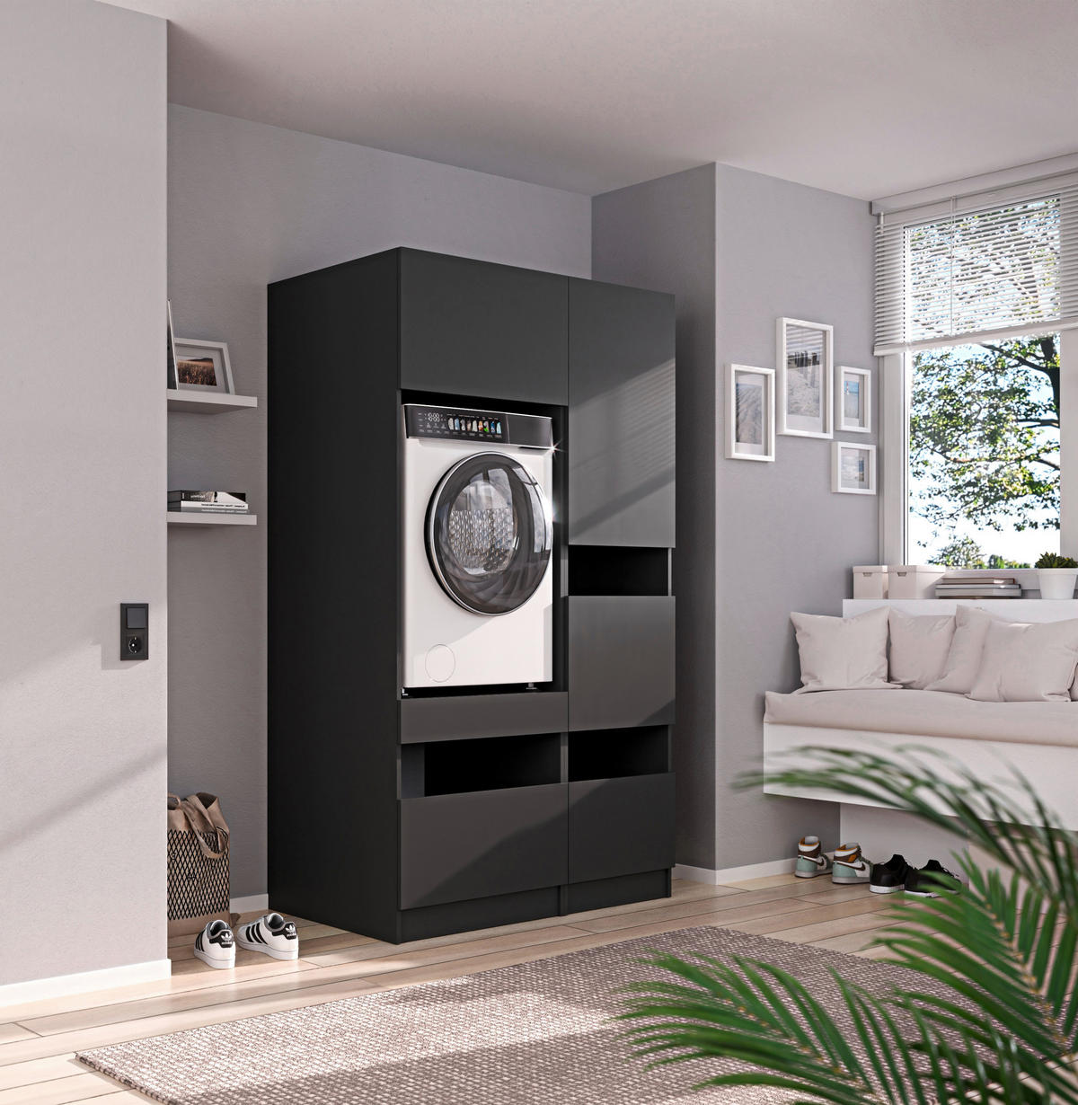 WASCHMASCHINENSCHRANK 68/200/68 cm  in Anthrazit  - Anthrazit/Schwarz, Design, Holzwerkstoff/Metall (68/200/68cm) - Milino