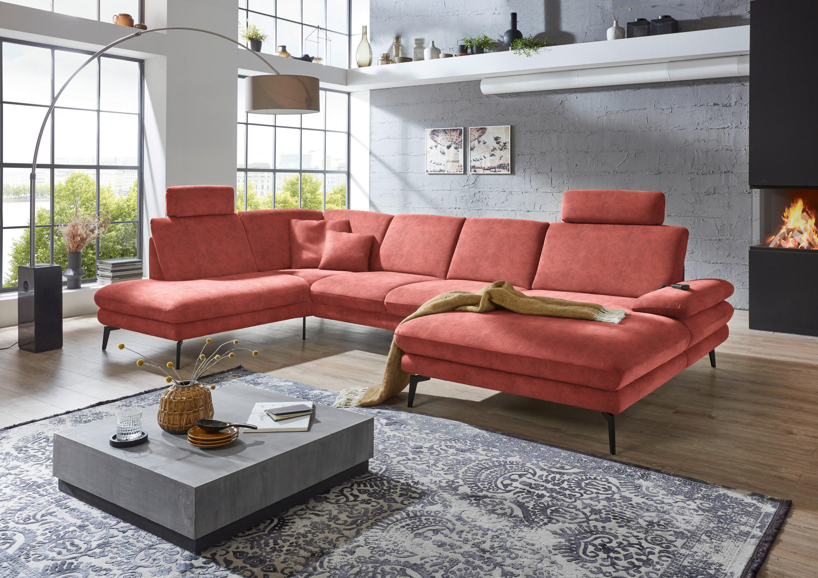 WOHNLANDSCHAFT in Velours Koralle  - Koralle/Schwarz, Design, Textil/Metall (208/344/180cm) - Dieter Knoll