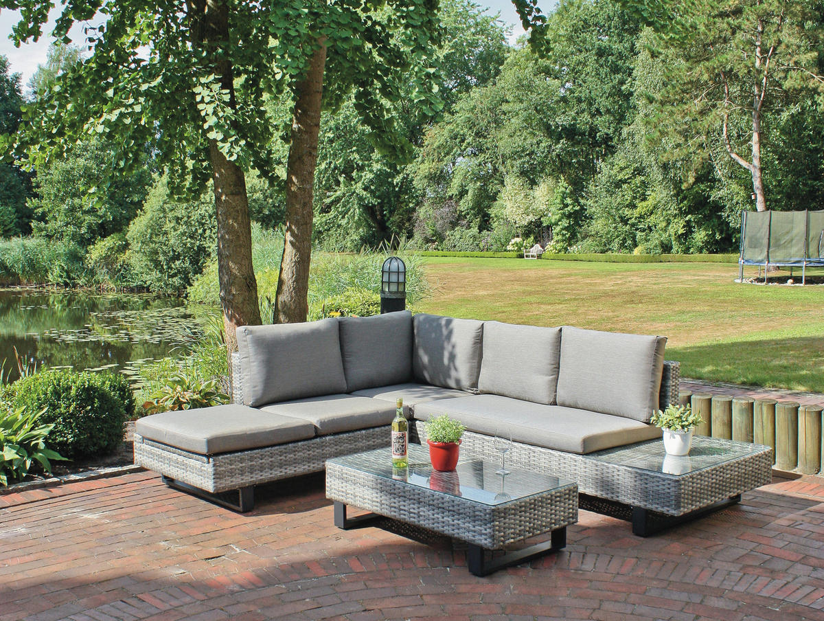 LOUNGEGARNITUR 3-teilig   Aluminium  - Klar/Schwarz, Basics, Glas/Kunststoff - Gardenson