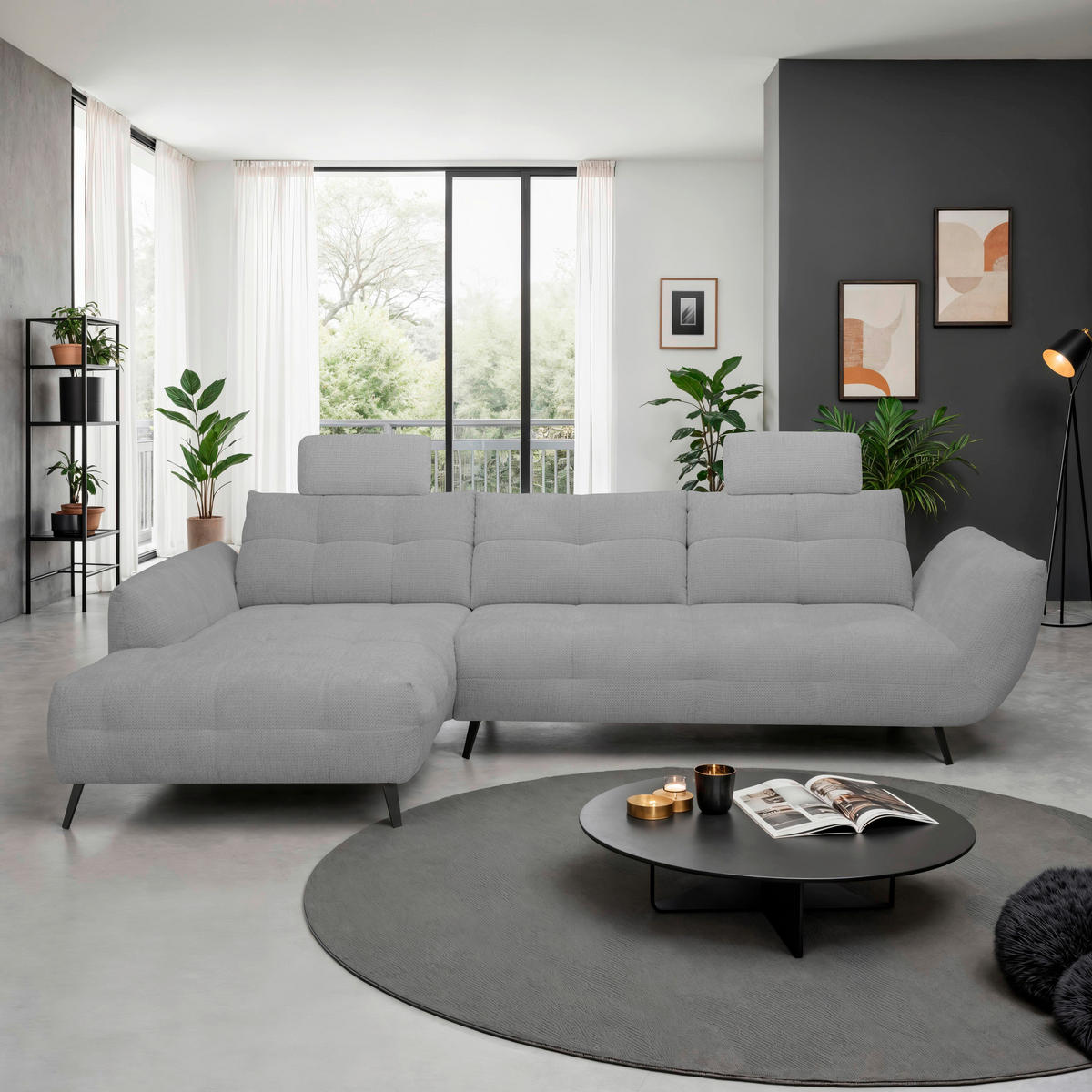 ECKSOFA Grau Chenille Armlehnenkissen, Rücken echt, Sitztiefenverstellung  - Schwarz/Grau, KONVENTIONELL, Textil/Metall (215/313cm) - Hom`in