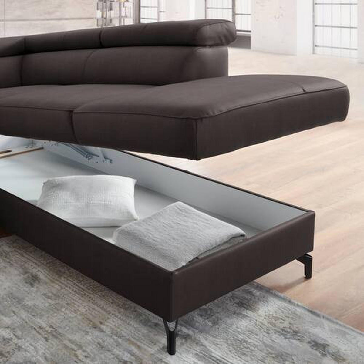 ECKSOFA Dunkelbraun Echtleder  - Dunkelbraun/Schwarz, Design, Leder/Metall (256/220cm) - Celina Home